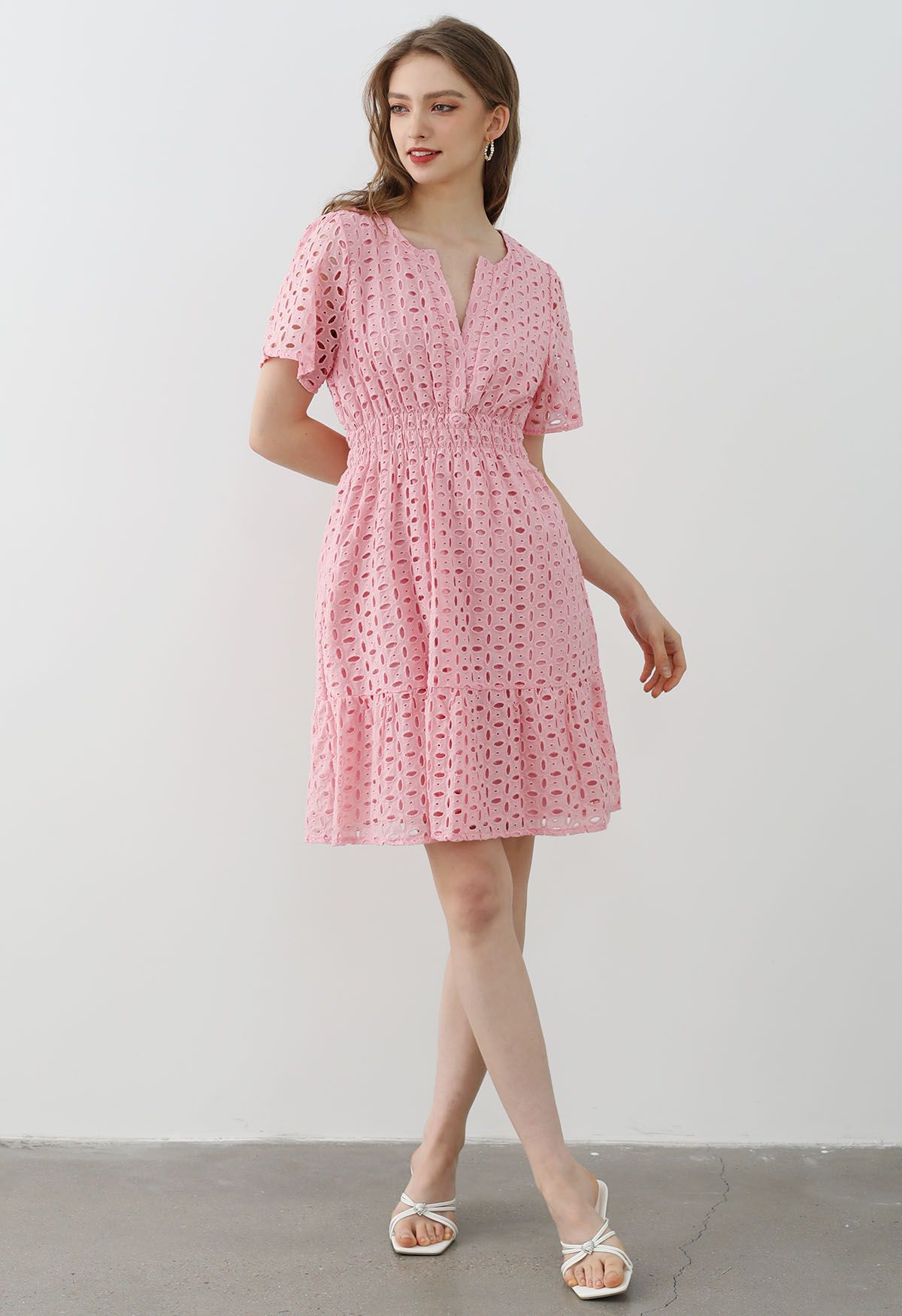 Eyelet Embroidery V-Neck Cotton Dress in Pink