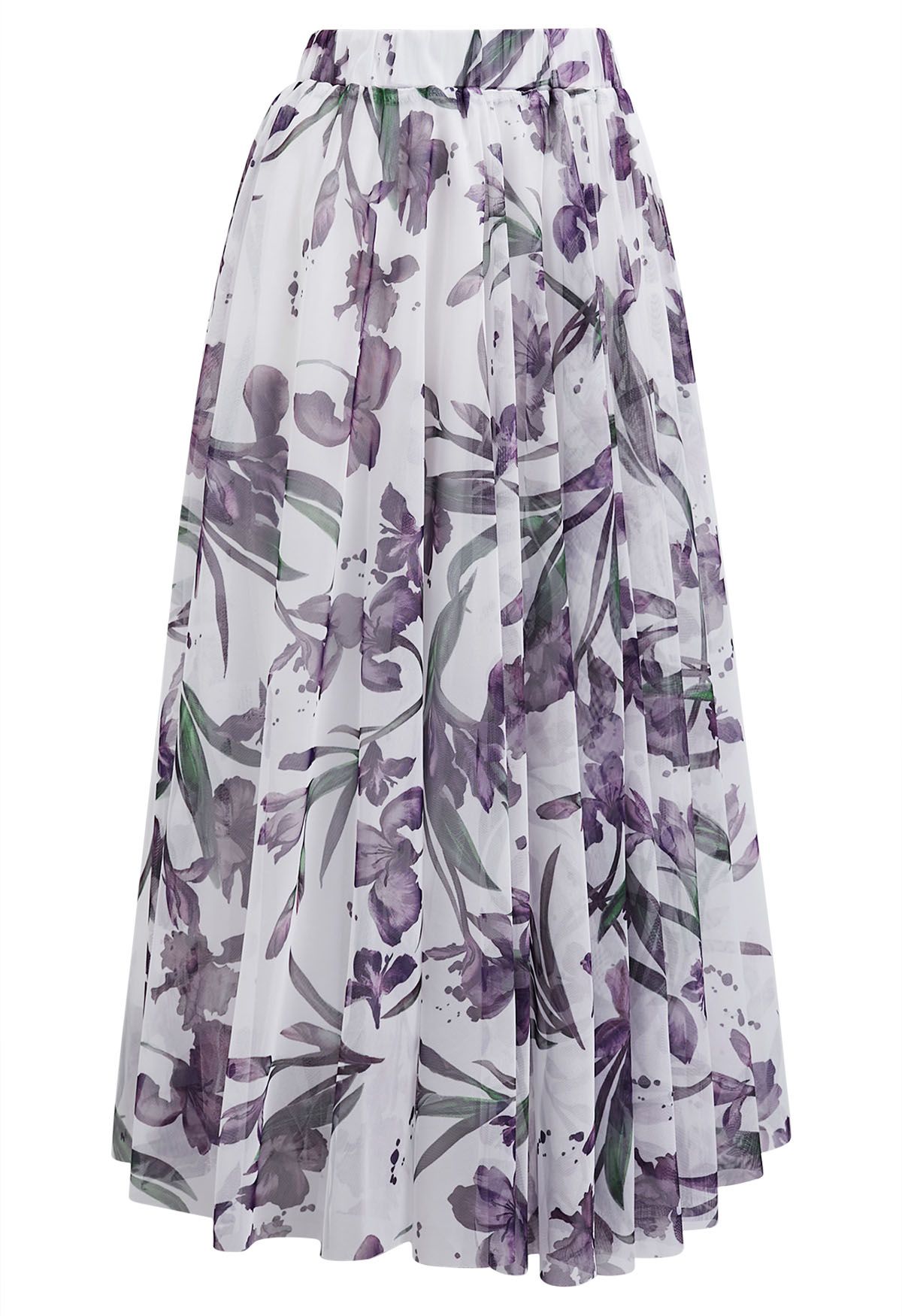 Purple Floral Printed Mesh Tulle Midi Skirt