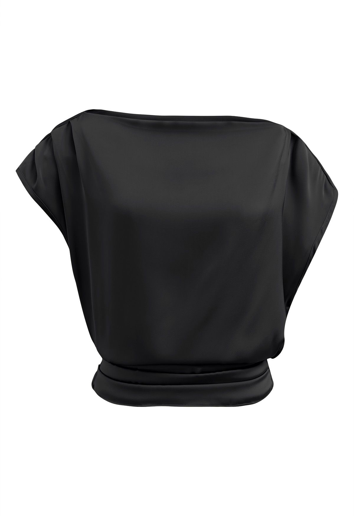 One-Shoulder Shirred Back Satin Top in Black