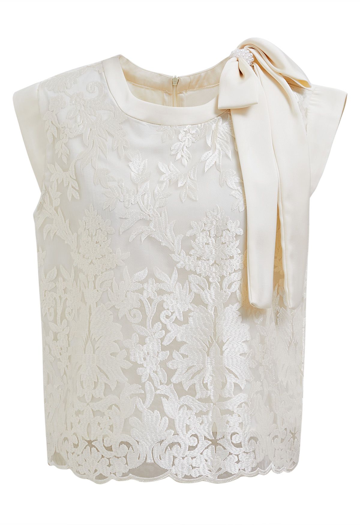 Embroidered Floral Pearly Bowknot Sleeveless Top in Cream