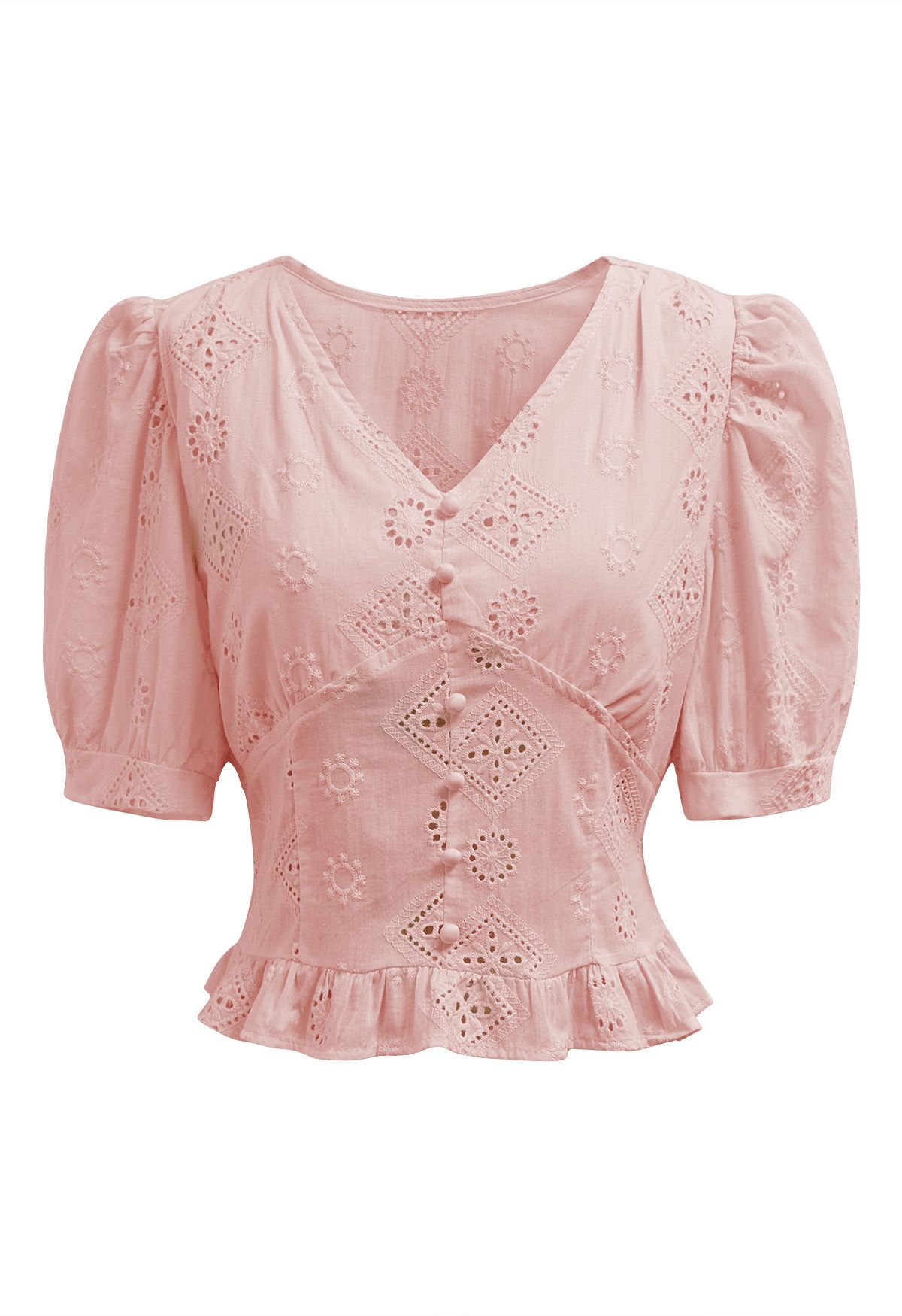 V-Neck Button Trim Eyelet Crop Top in Pink