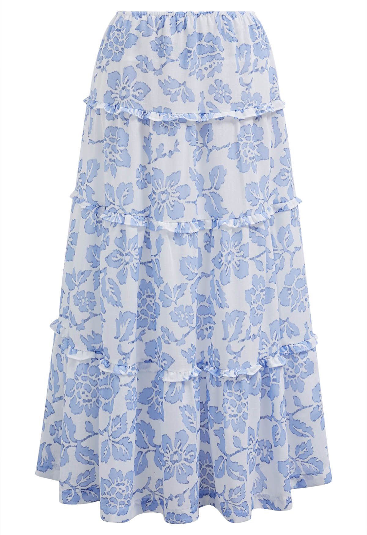 Sunny Blooms Ruffle Trim A-Line Skirt in Blue