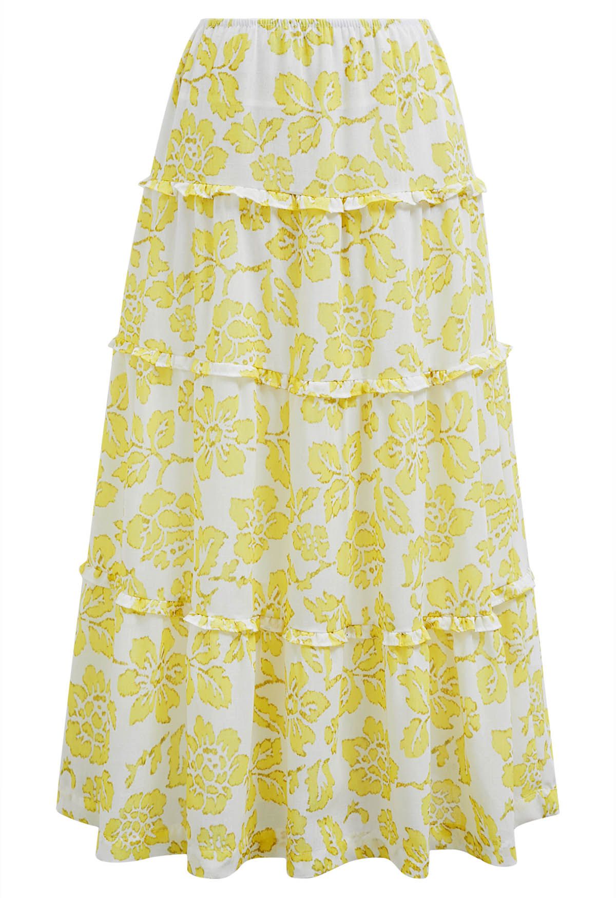 Sunny Blooms Ruffle Trim A-Line Skirt in Yellow