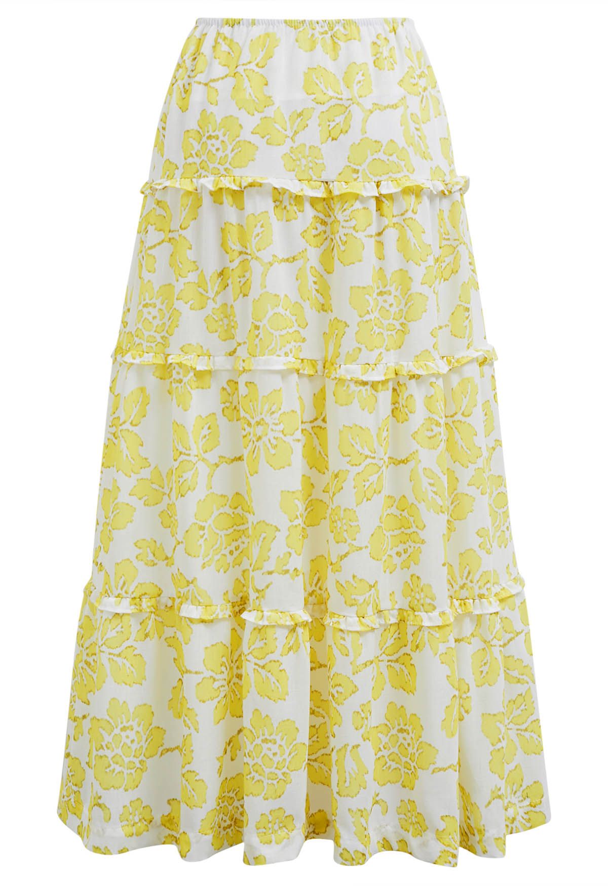 Sunny Blooms Ruffle Trim A-Line Skirt in Yellow