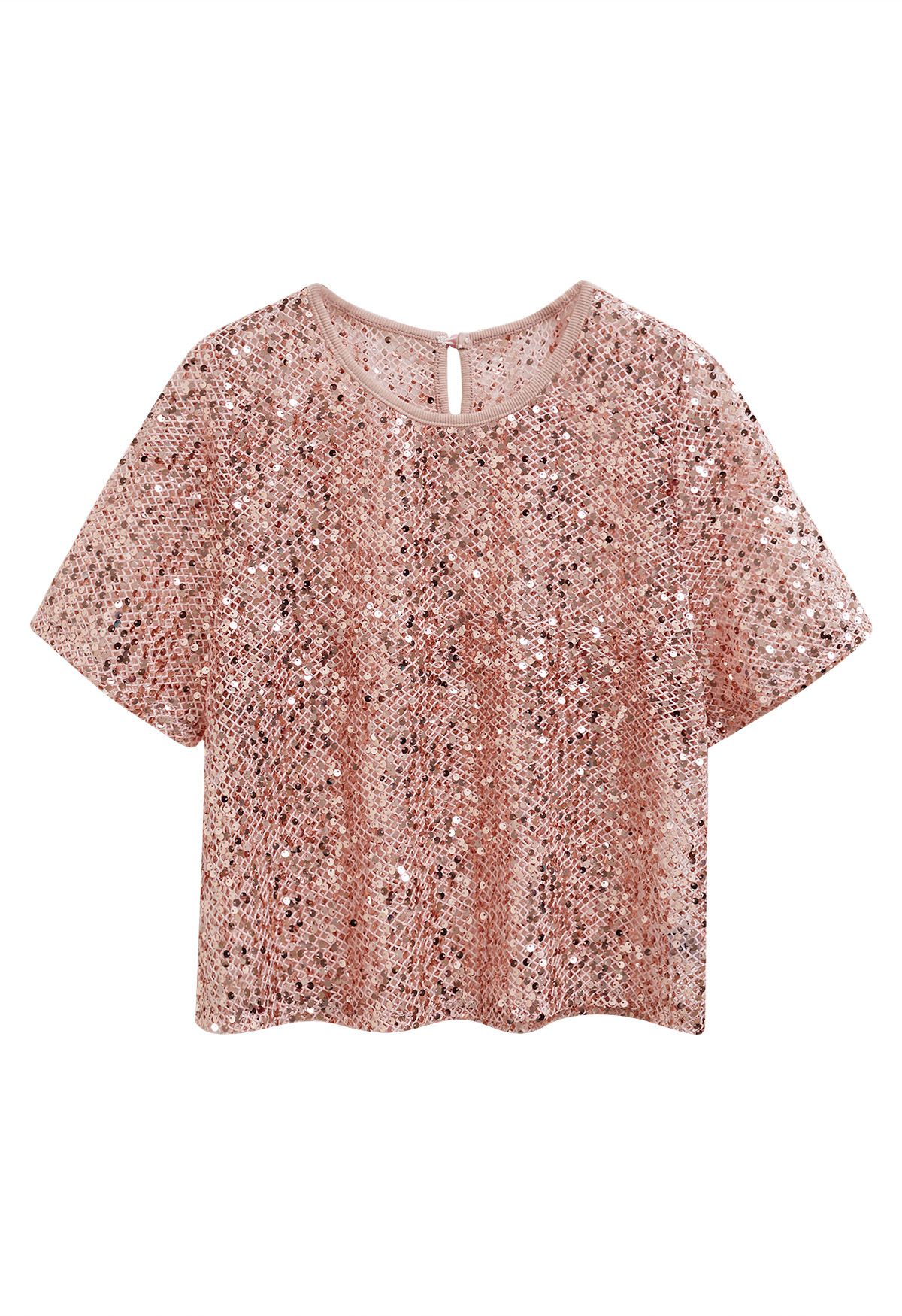 Dazzling Sequin Fishnet Short Sleeve Top in Pink