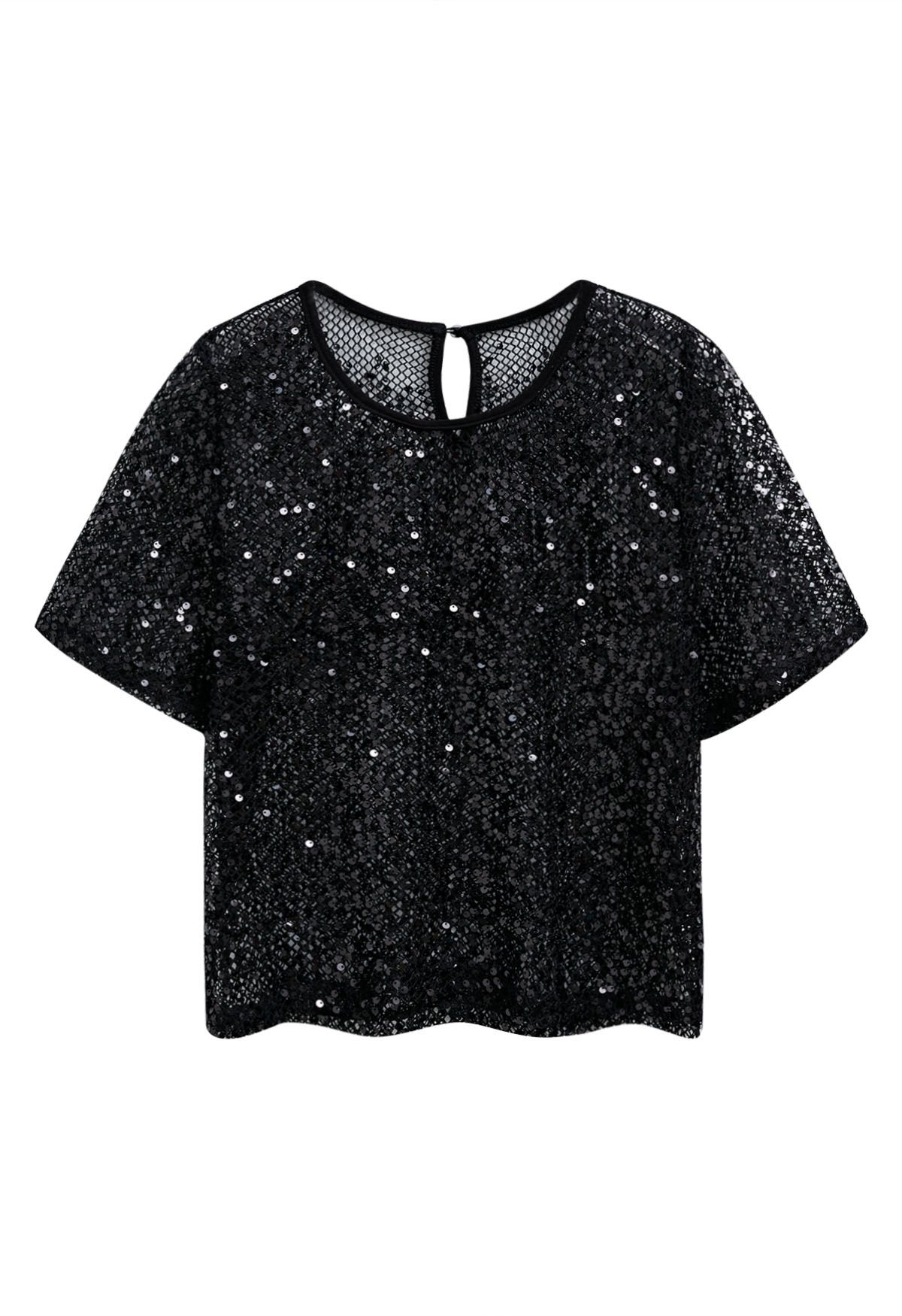 Dazzling Sequin Fishnet Short Sleeve Top in Black