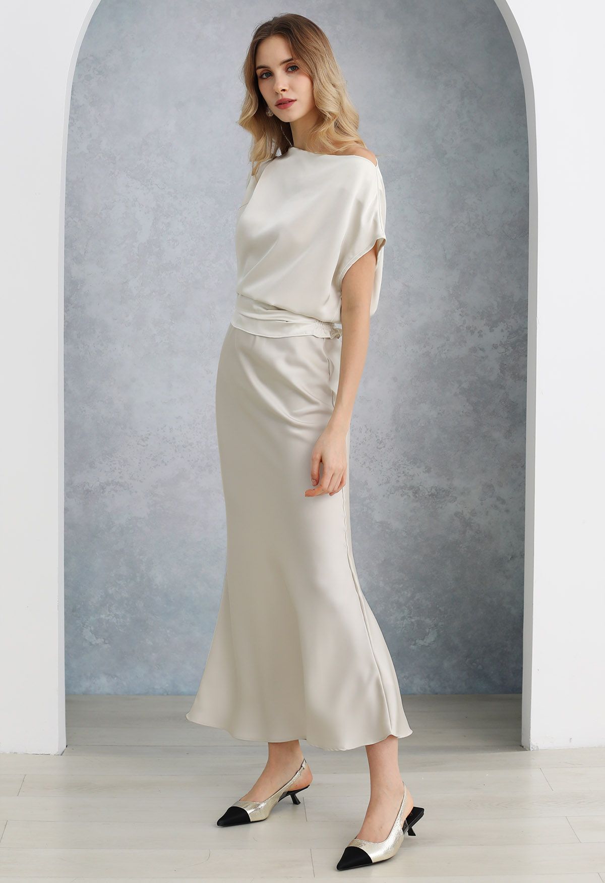 One-Shoulder Shirred Back Satin Top in Ivory