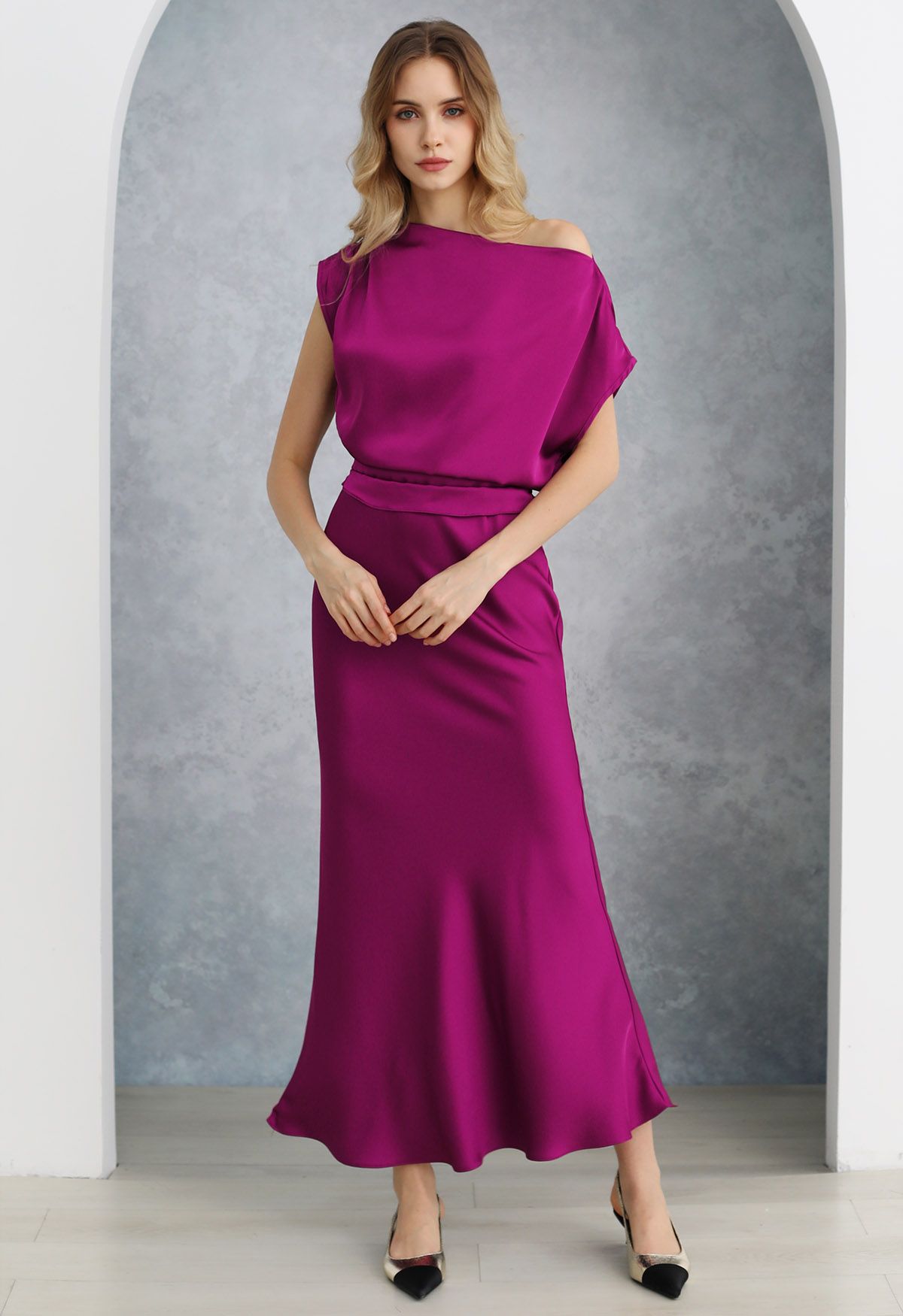 One-Shoulder Shirred Back Satin Top in Magenta