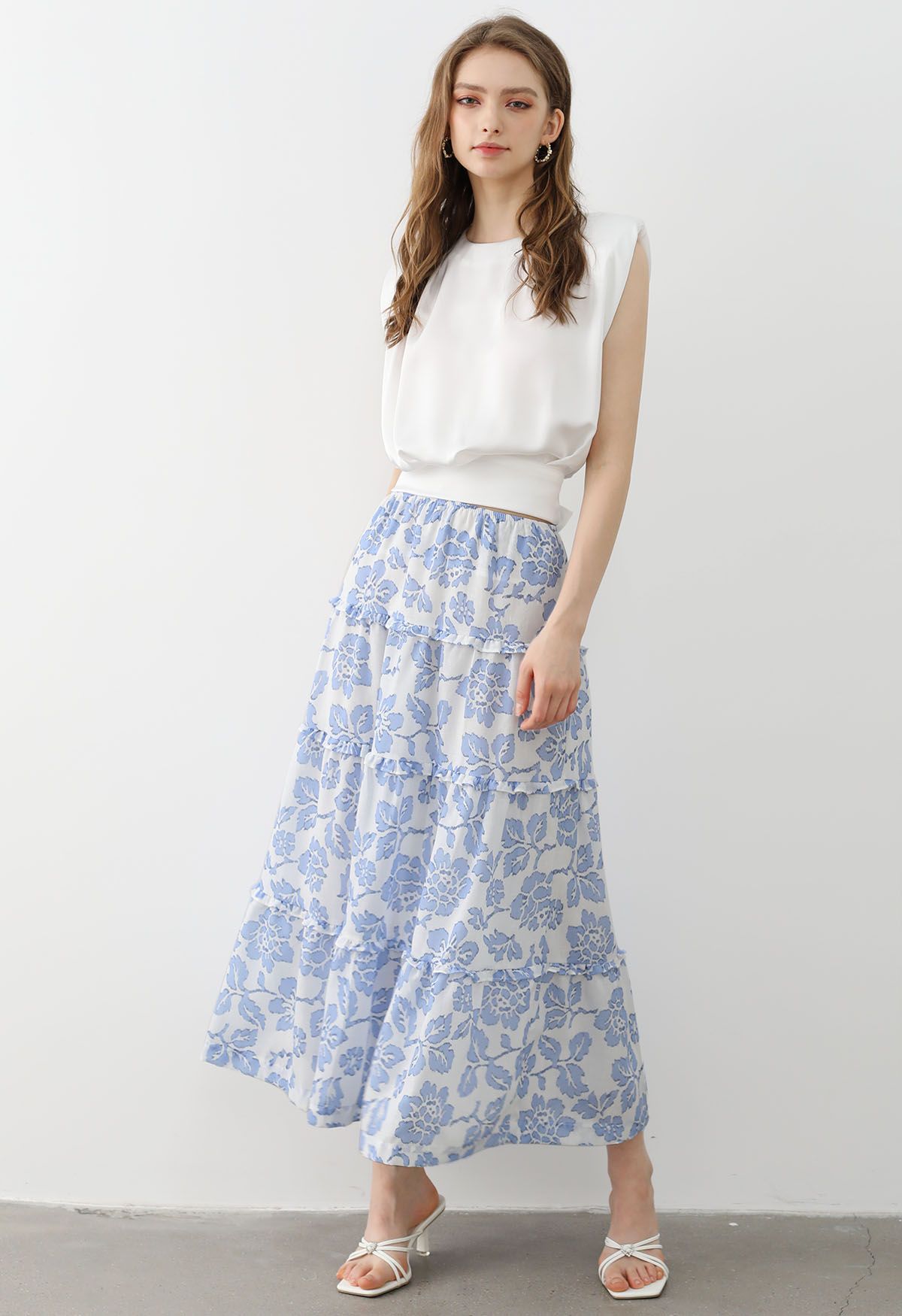 Sunny Blooms Ruffle Trim A-Line Skirt in Blue