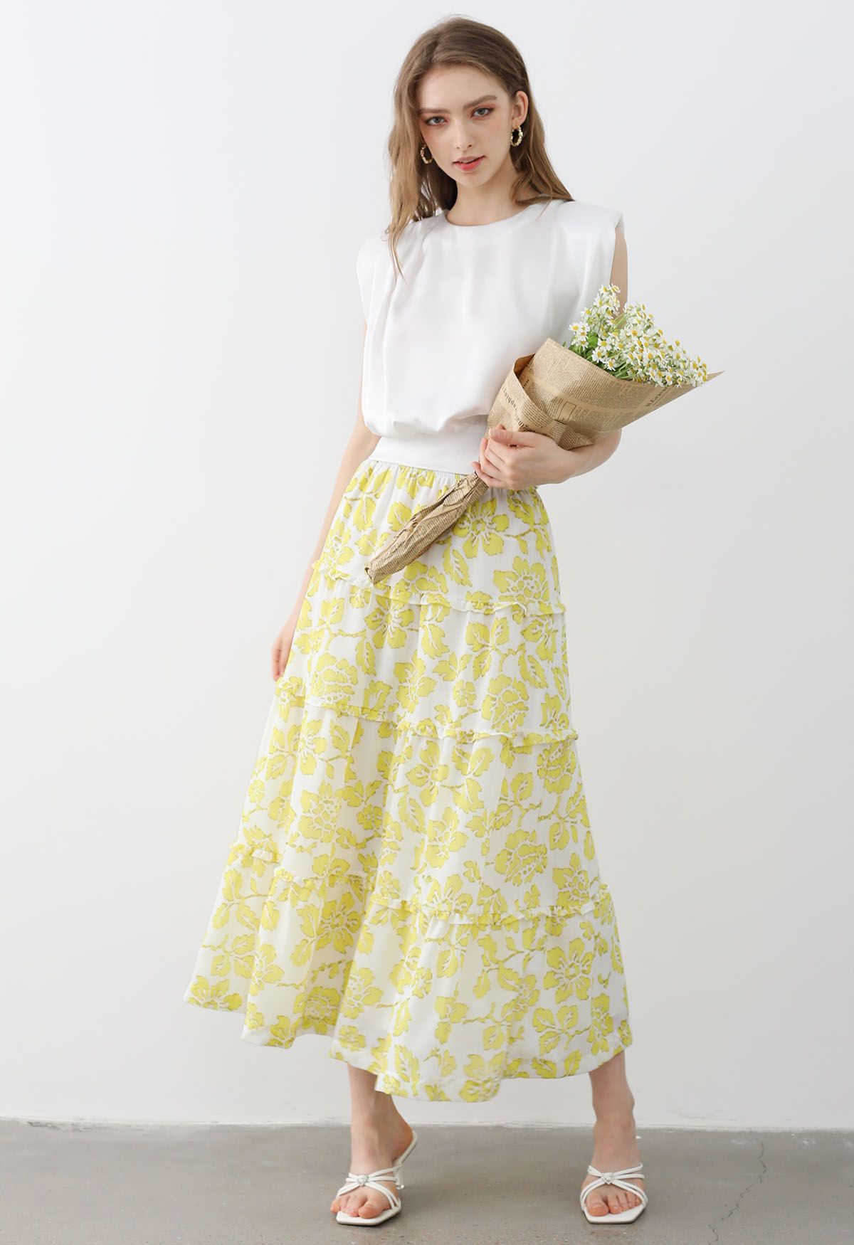 Sunny Blooms Ruffle Trim A-Line Skirt in Yellow