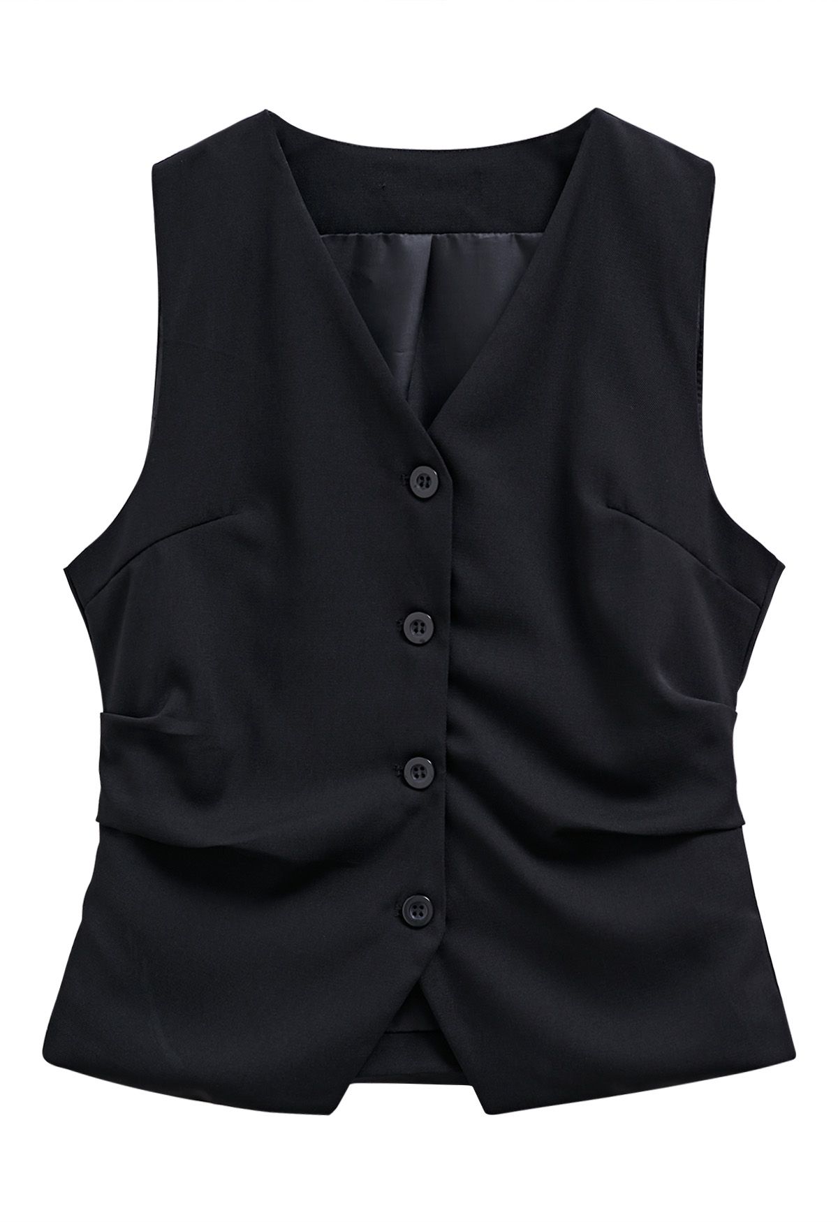 V-Neck Buttoned Down Ruched Vest in Black