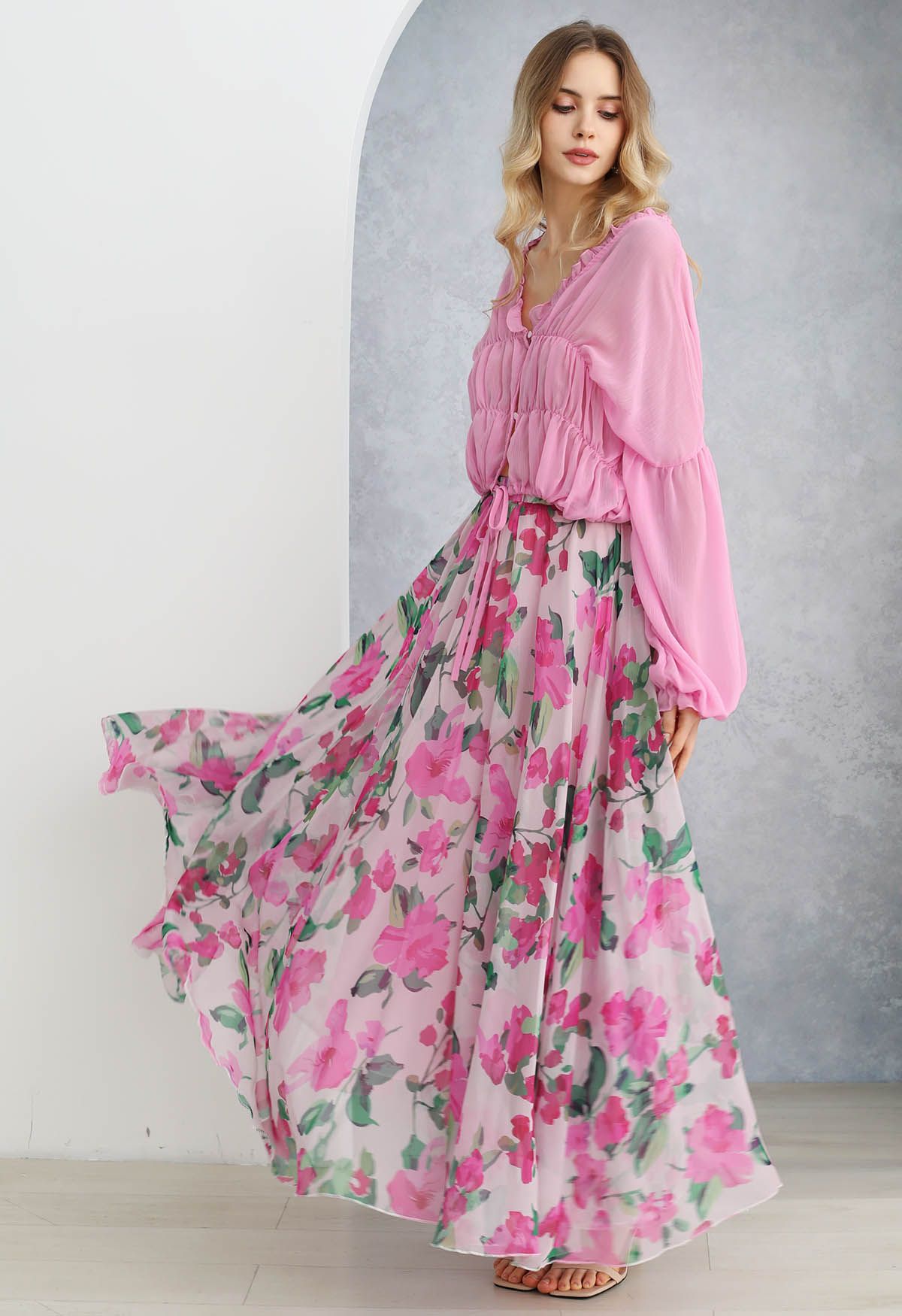 Watercolor Floral Fantasy Chiffon Maxi Skirt