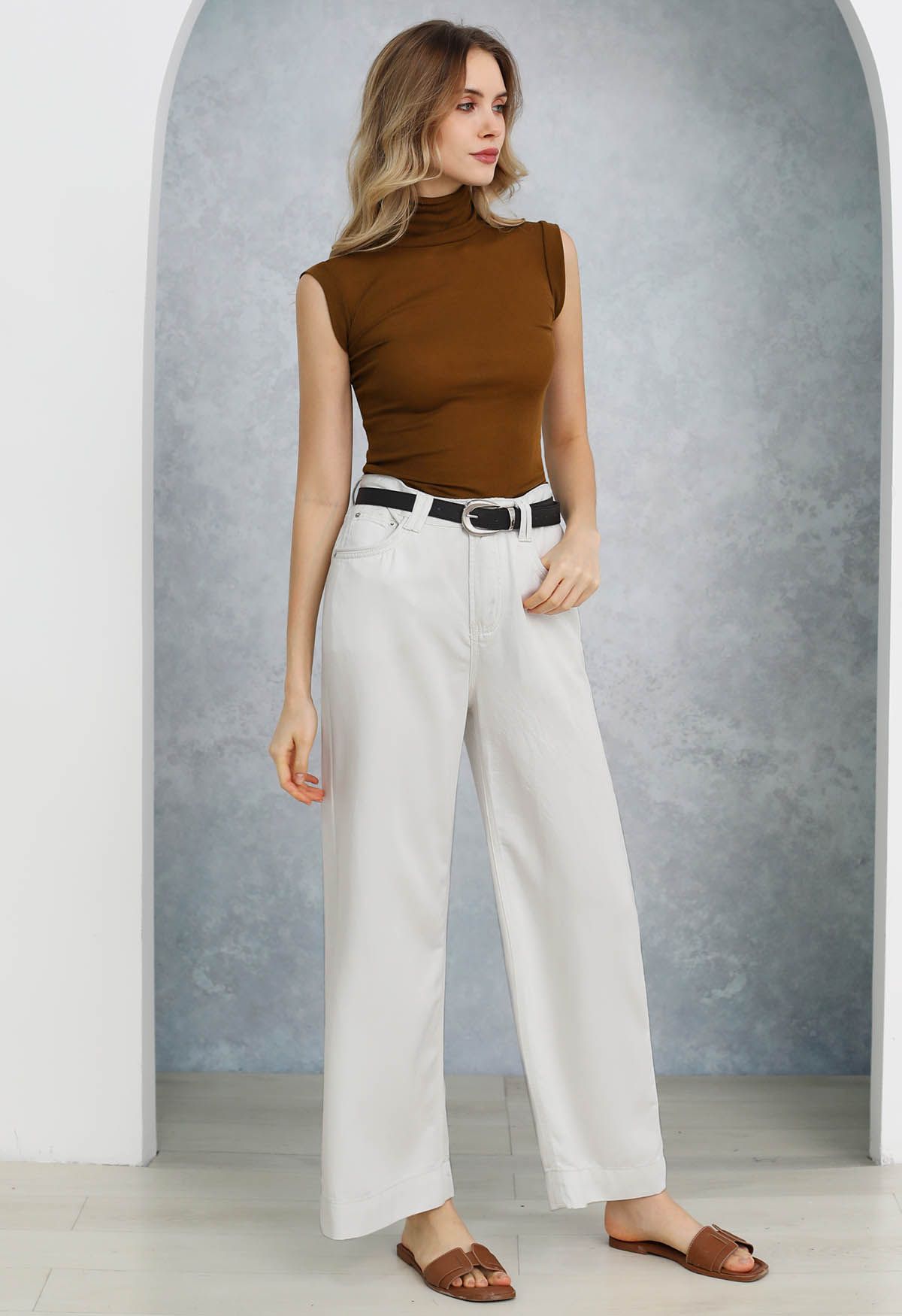 Shimmery White Straight-Leg Belted Jeans