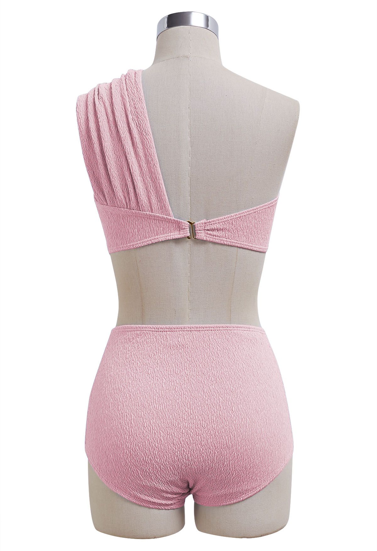 One-Shoulder Knotted Texture Bikini Set in Pink