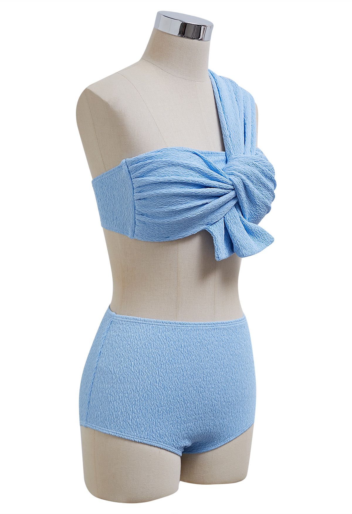 One-Shoulder Knotted Texture Bikini Set in Blue