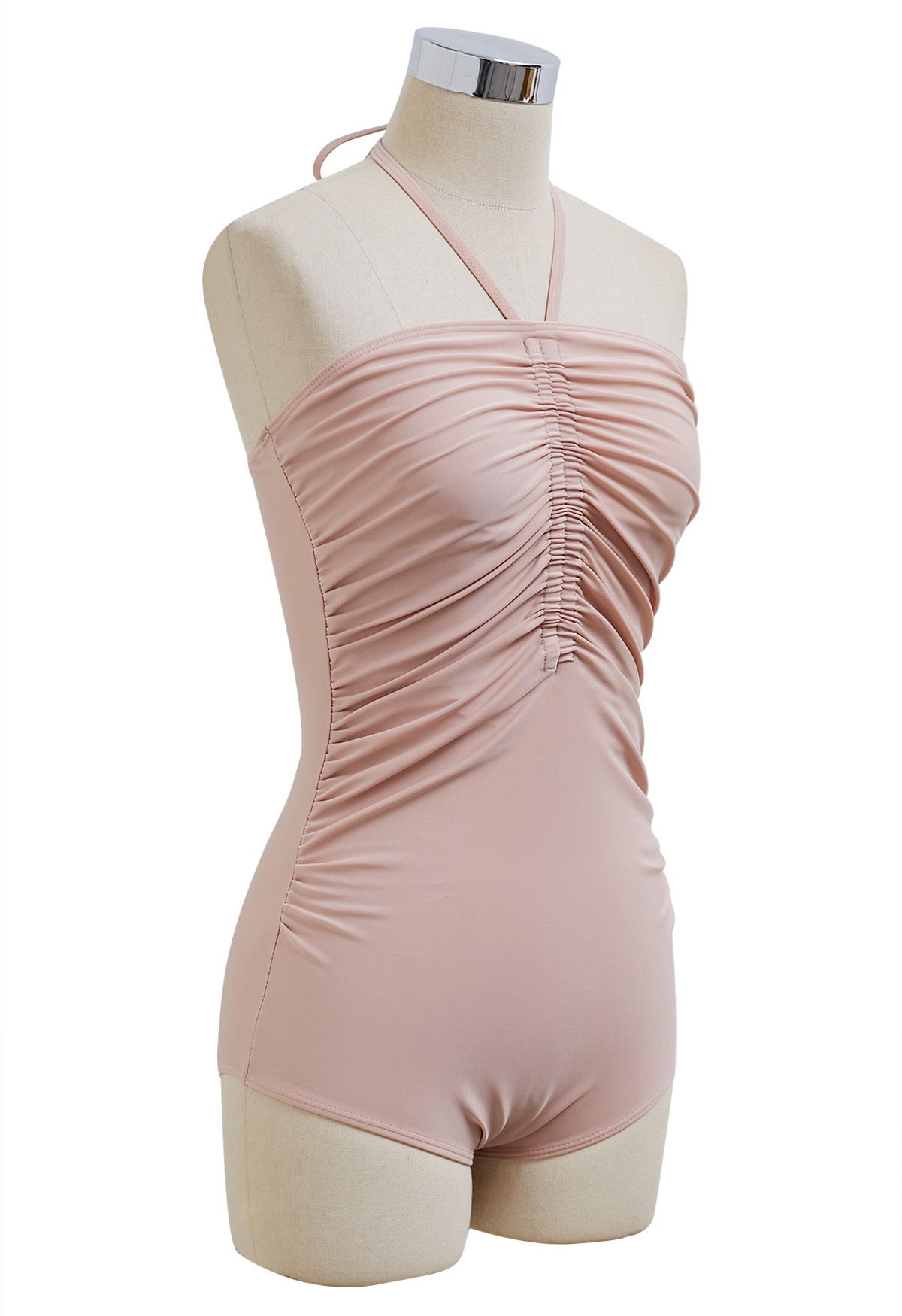 Solid Color Drawstring Halter Neck Swimsuit in Dusty Pink