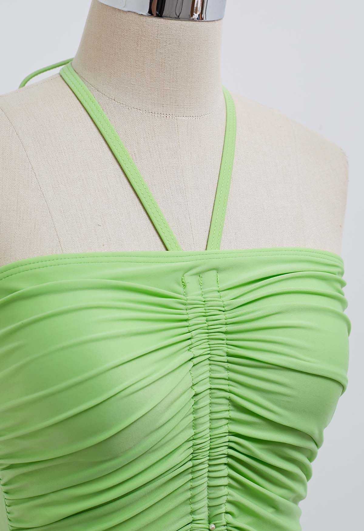 Solid Color Drawstring Halter Neck Swimsuit in Green