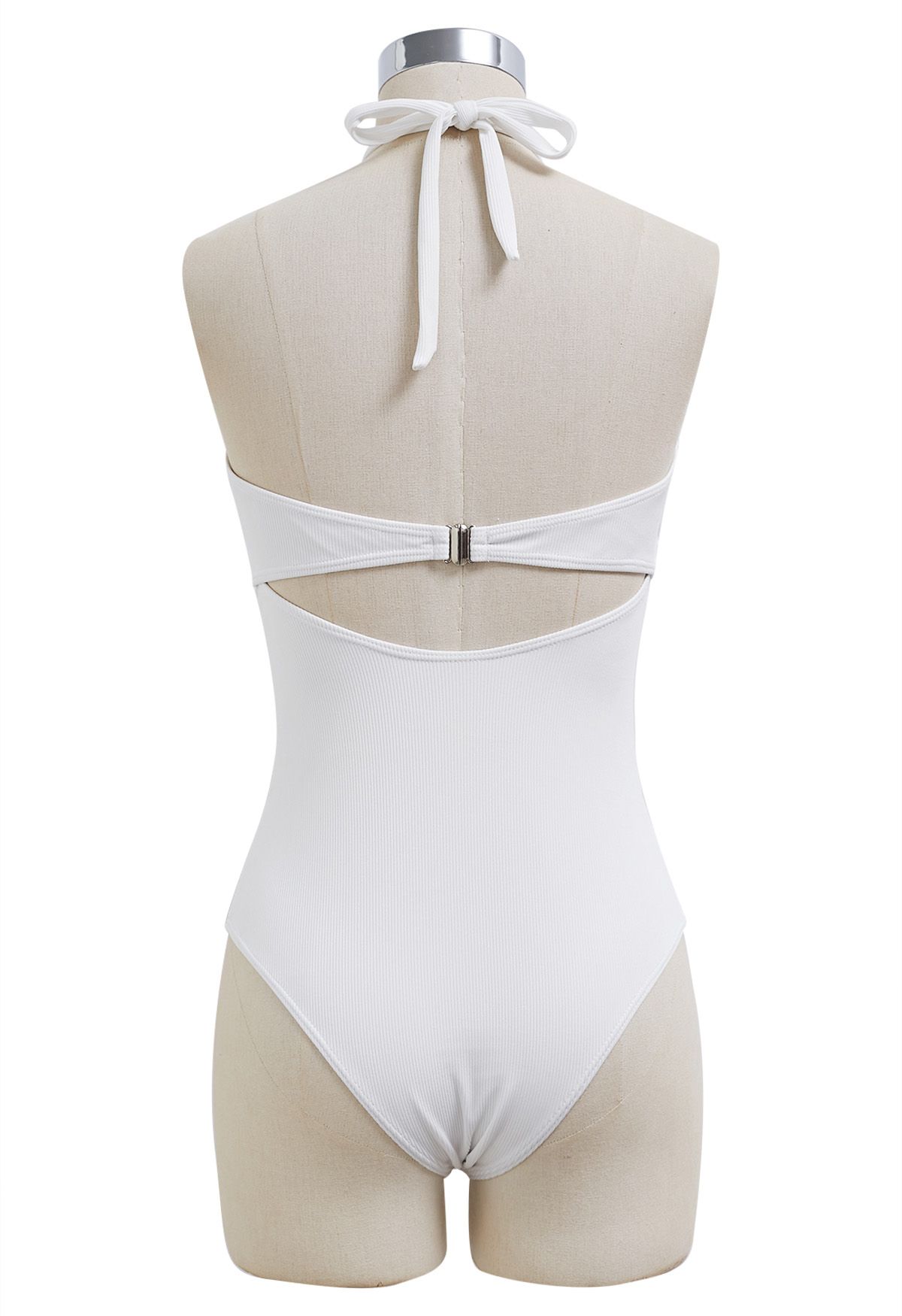 Solid White Halter Neck Cut Out Swimsuit