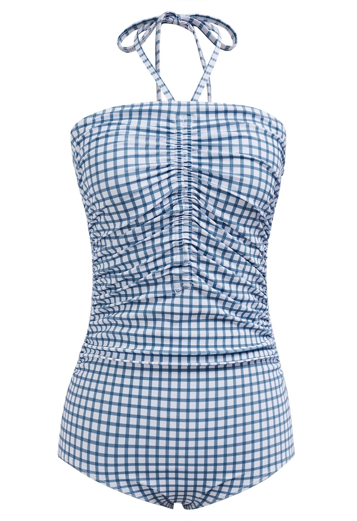 Gingham Drawstring Halter Neck Swimsuit in Blue