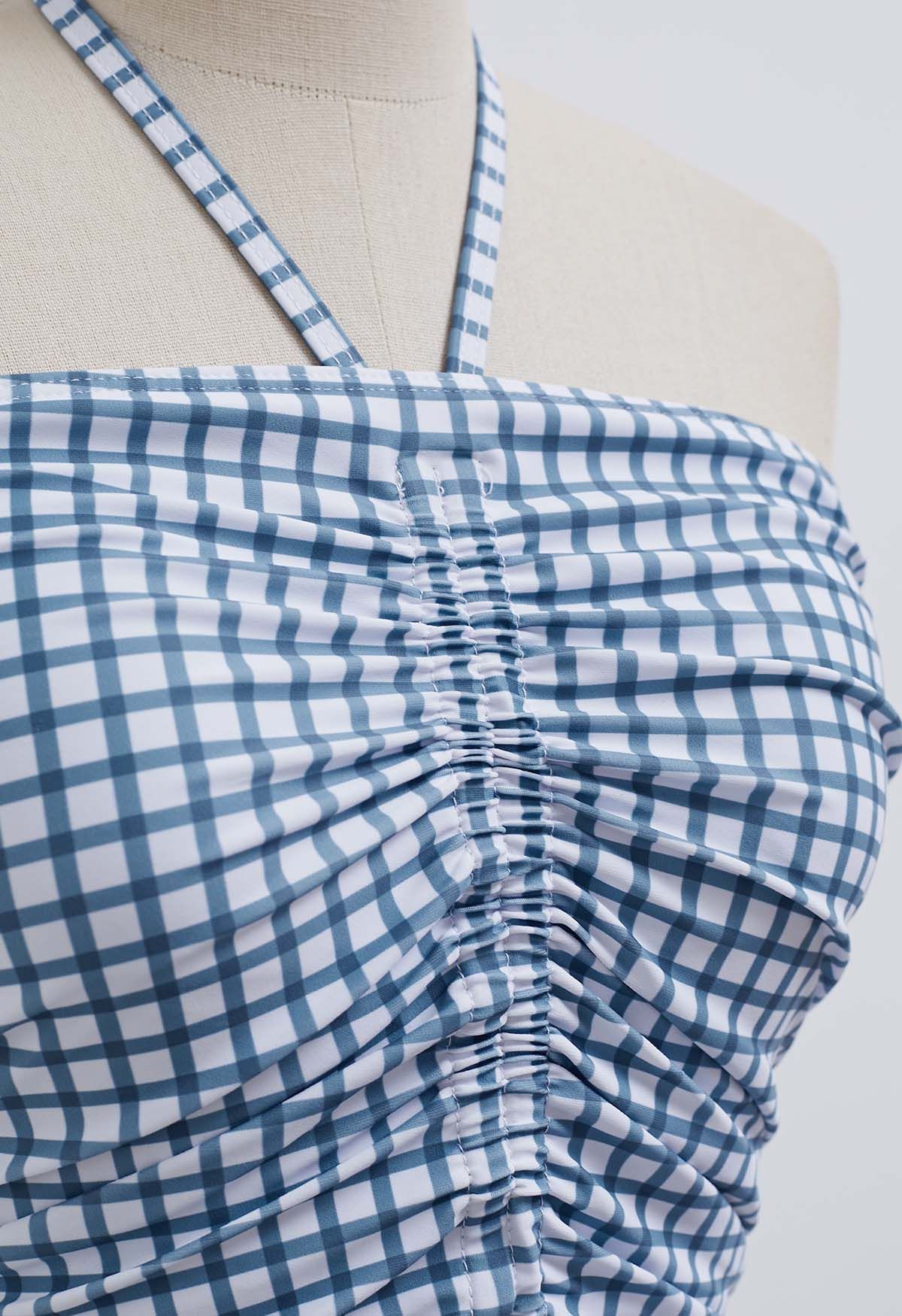 Gingham Drawstring Halter Neck Swimsuit in Blue