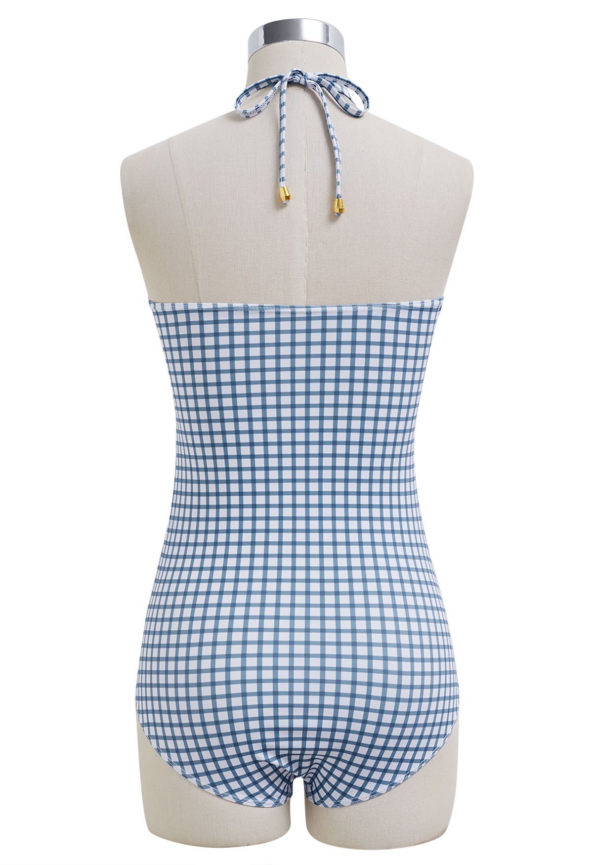 Gingham Drawstring Halter Neck Swimsuit in Blue