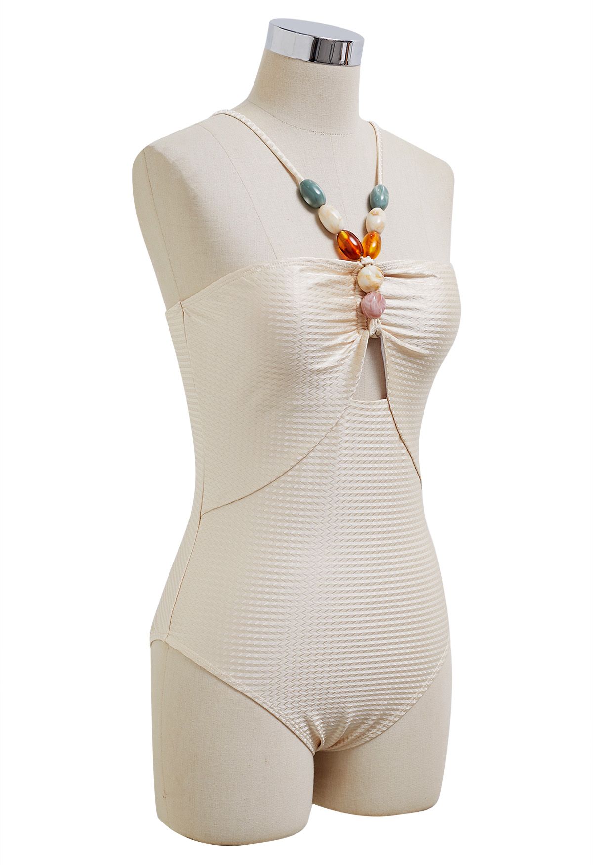 Resin Beads Halter Neck Texture Swimsuit in Champagne