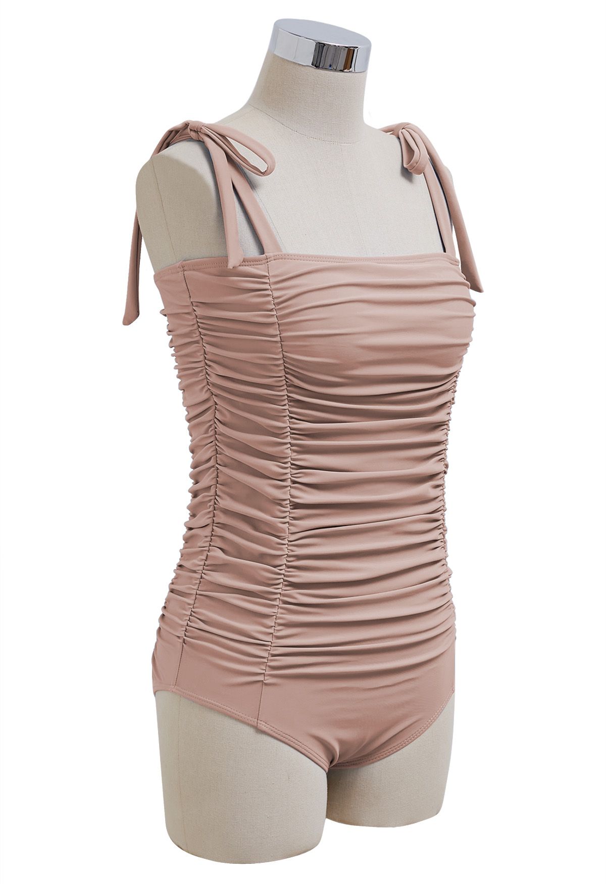 Full Ruched Tie-Shoulder Swimsuit in Dusty Pink