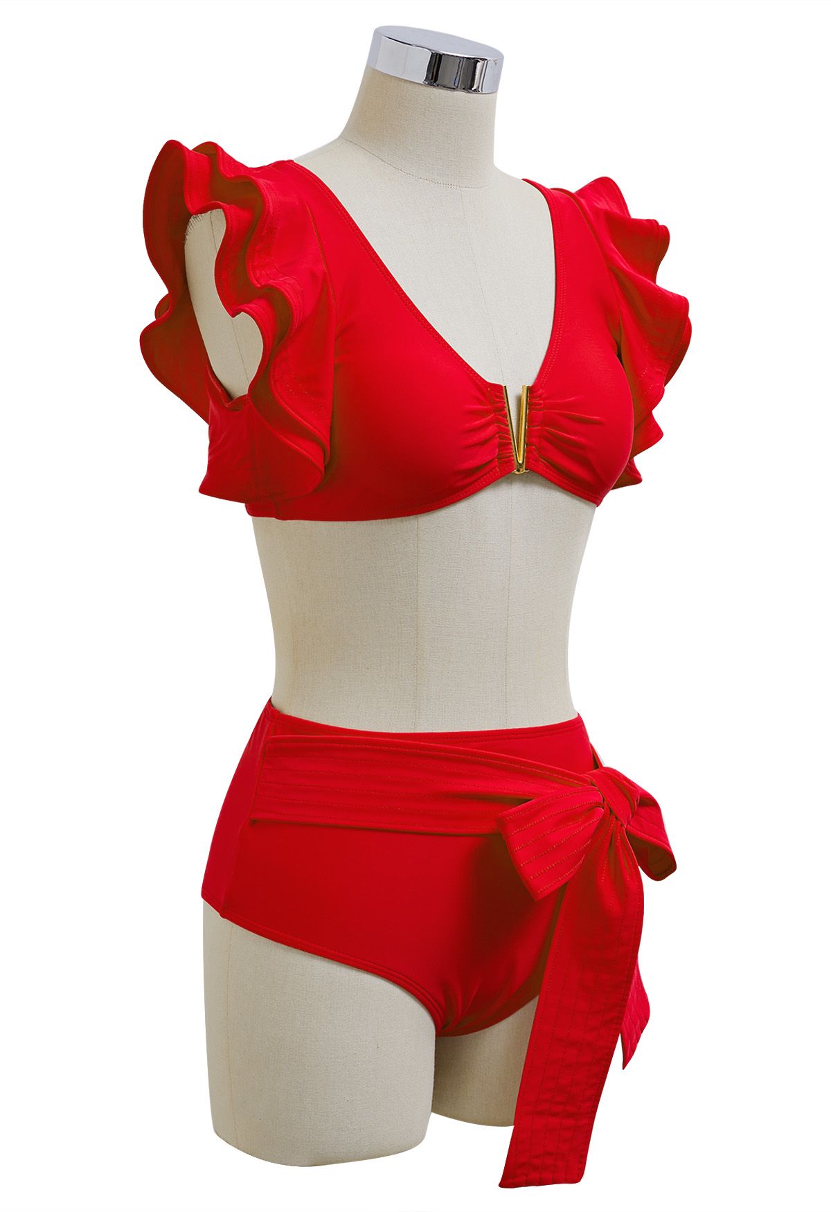 V-Shape Metal Trim Ruffle Bikini Set in Red