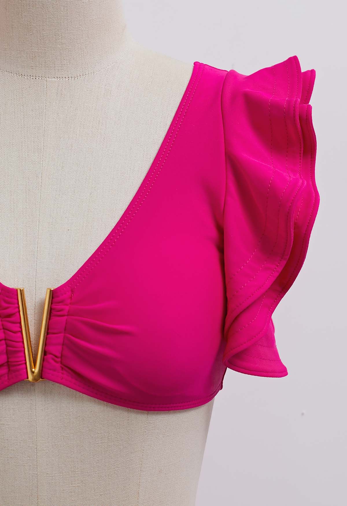 V-Shape Metal Trim Ruffle Bikini Set in Hot Pink