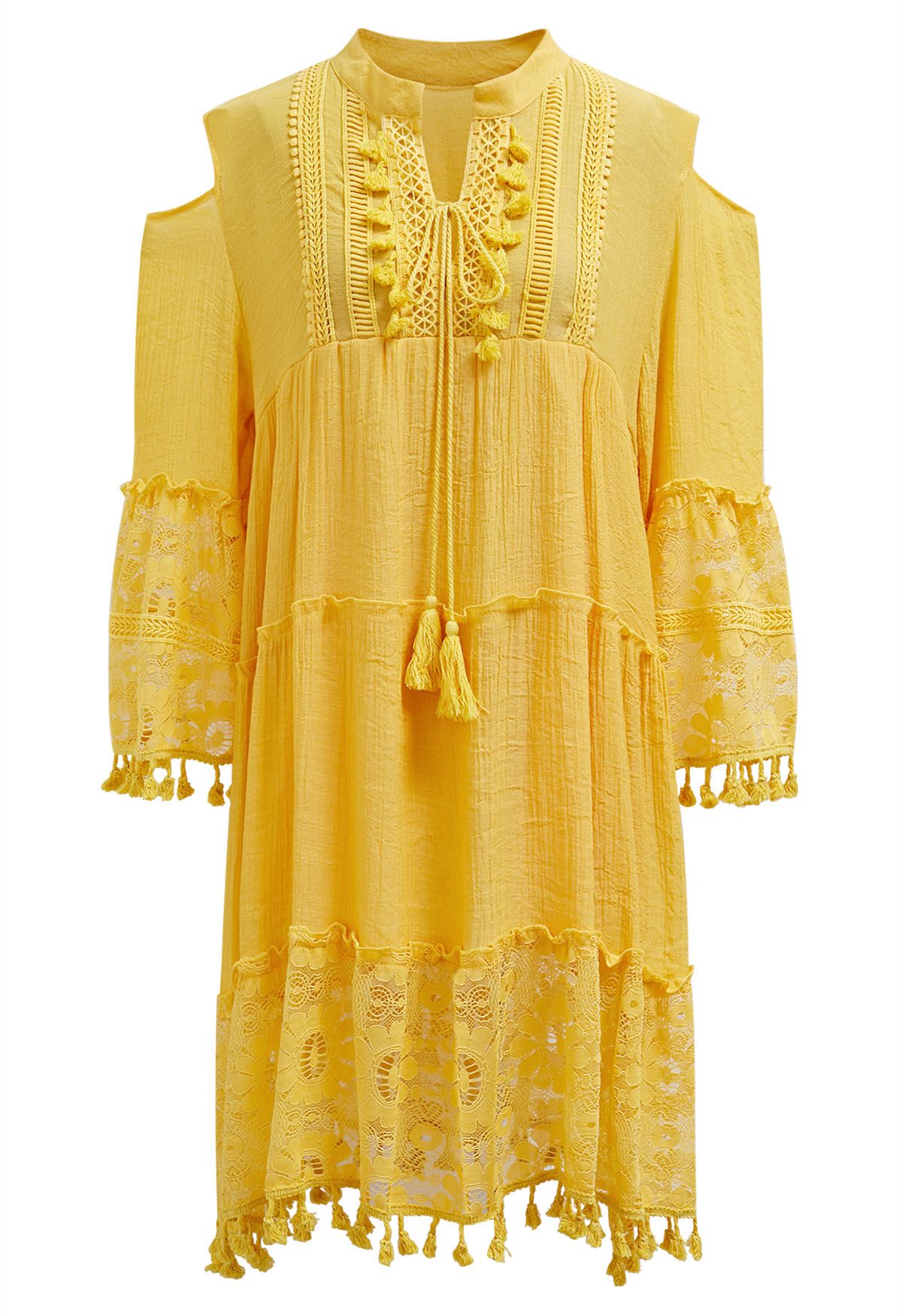 Cutwork Lace Tassel Trim Dolly Dress in Yellow