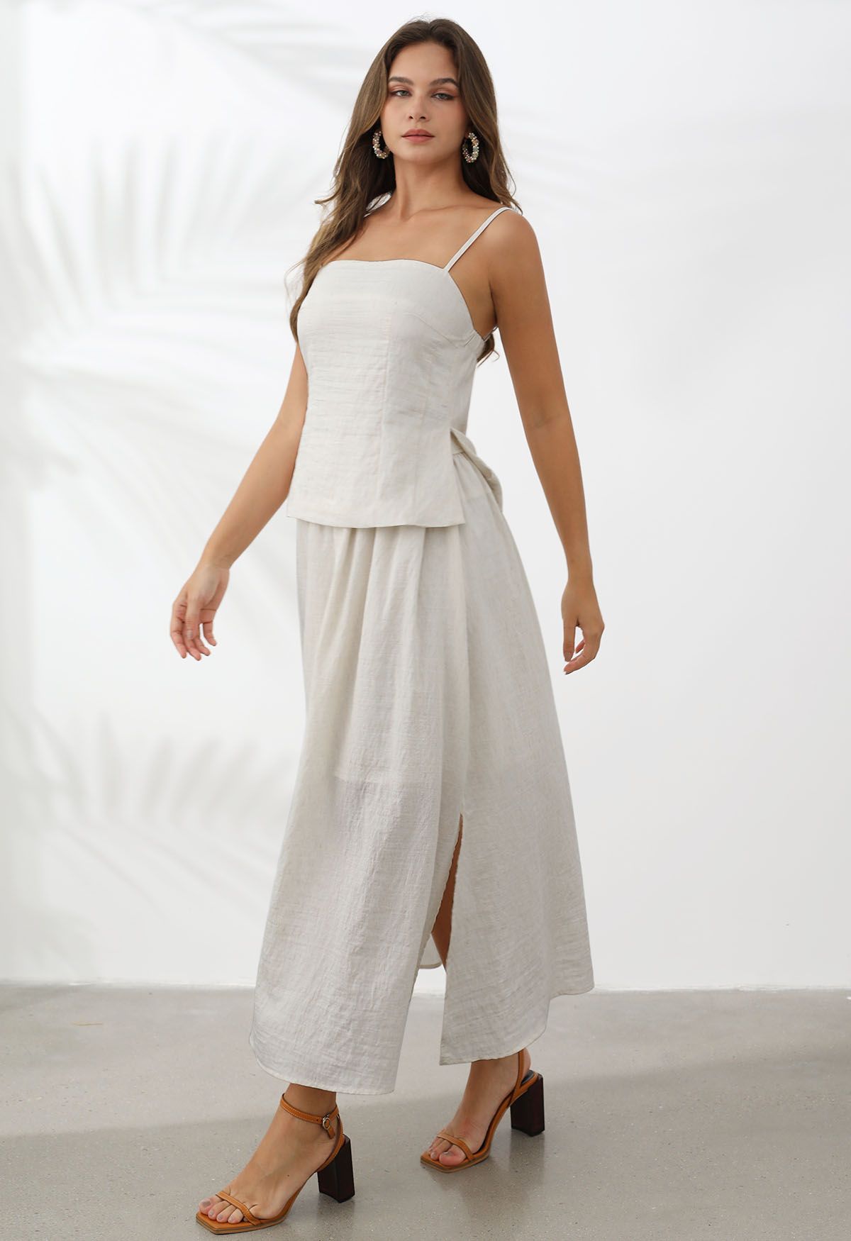 Slit Hem Linen-Blend Top and Maxi Skirt Set in Ivory