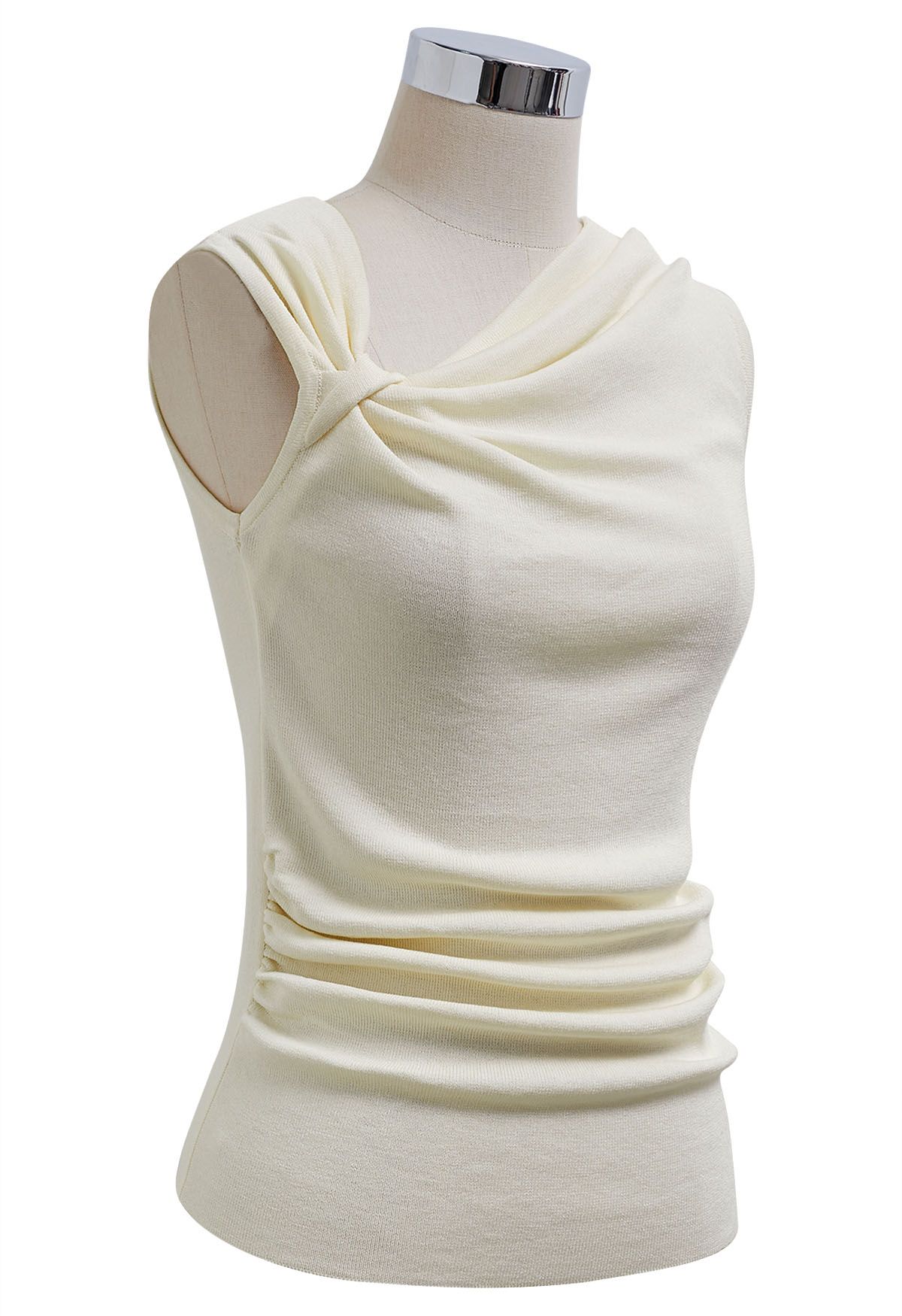 Side Knot Ruched Sleeveless Knit Top in Cream