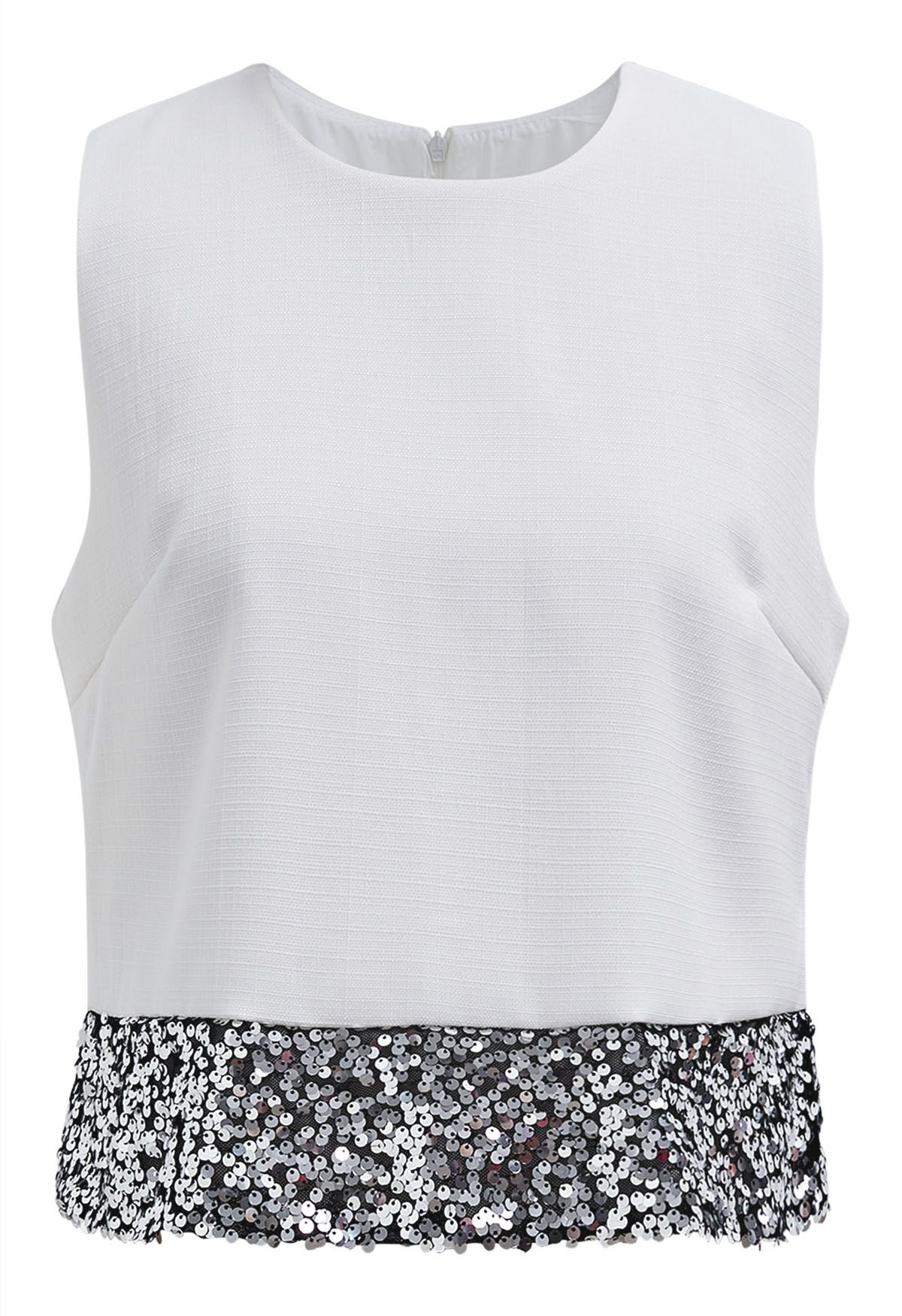 Sequined Hem Sleeveless Tweed Crop Top in White