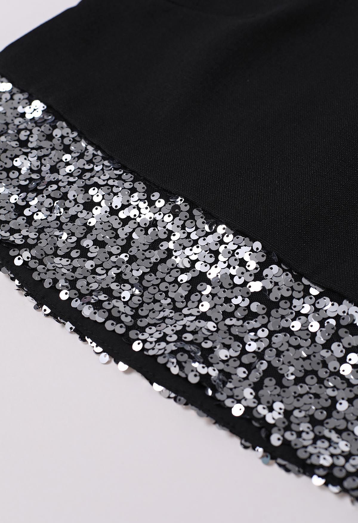 Sequined Hem Sleeveless Tweed Crop Top in Black