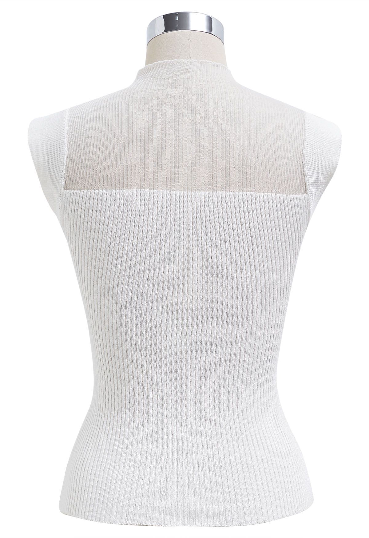 Cutout Mesh Mock Neck Metallic Knit Top in White