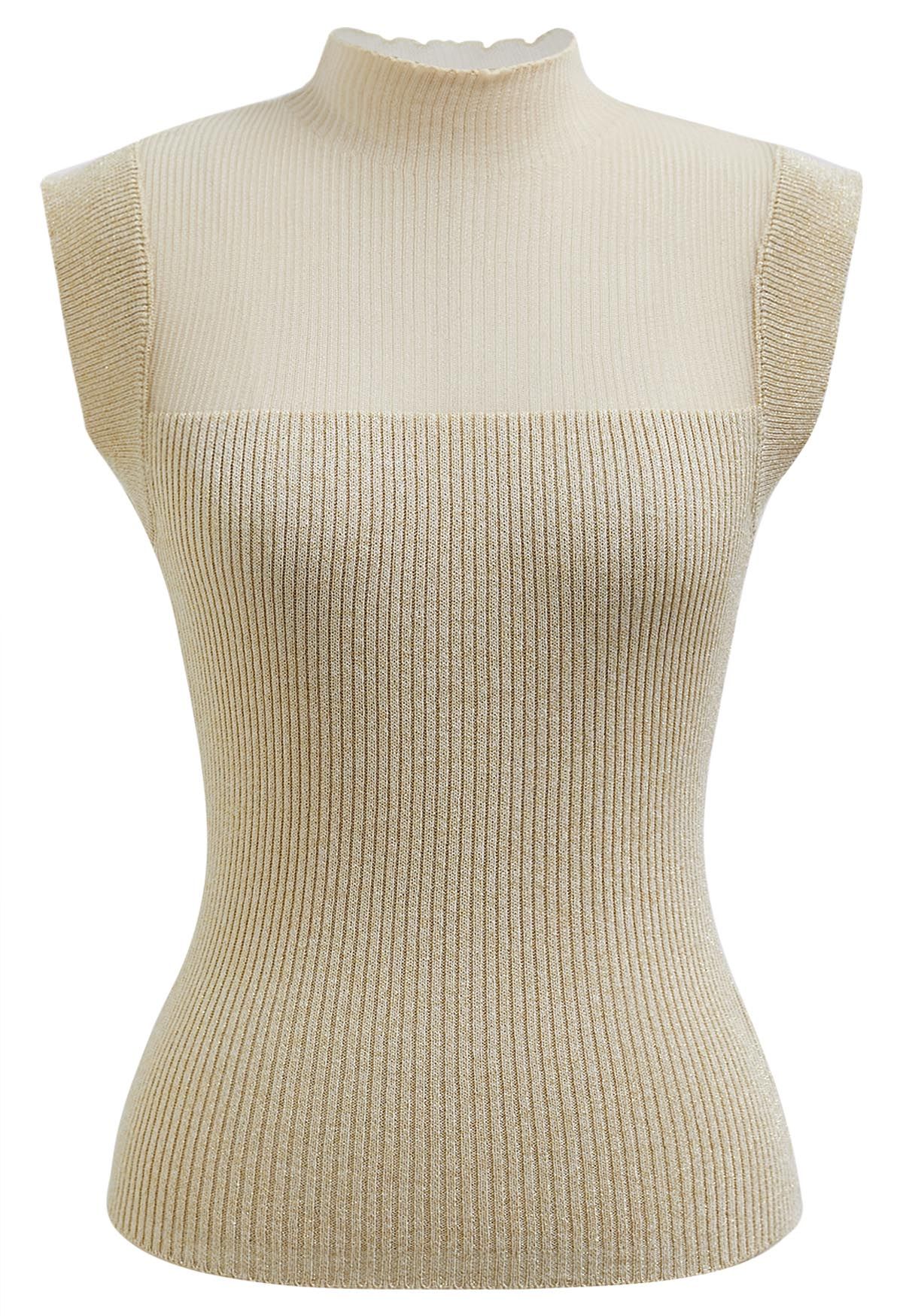 Cutout Mesh Mock Neck Metallic Knit Top in Gold