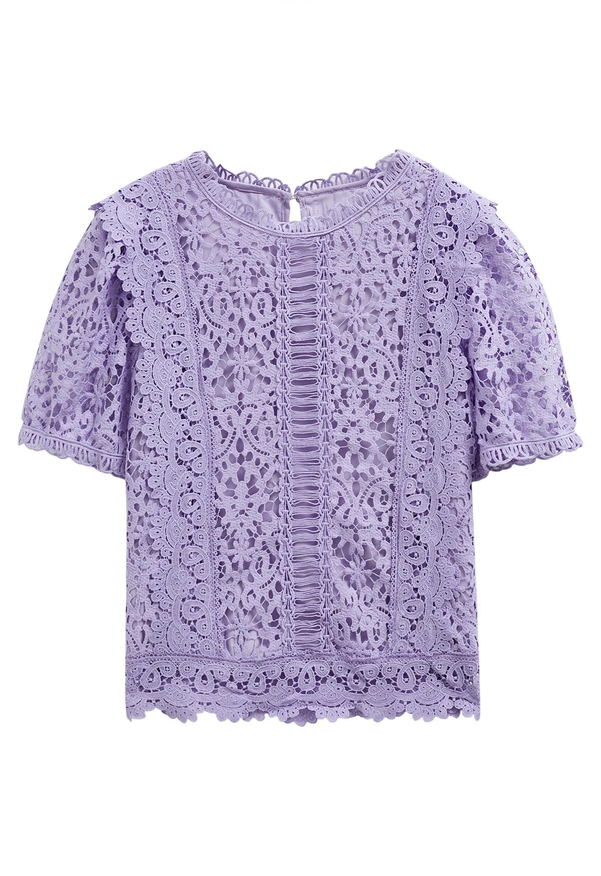 Floral Guipure Lace Short Sleeve Top in Lilac