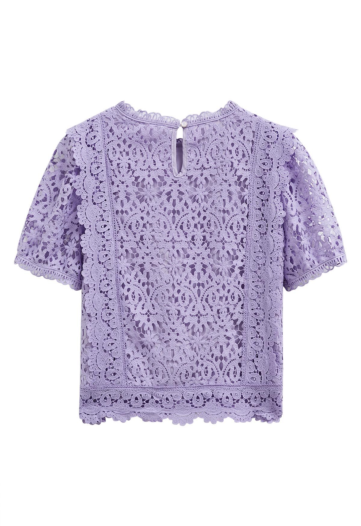 Floral Guipure Lace Short Sleeve Top in Lilac