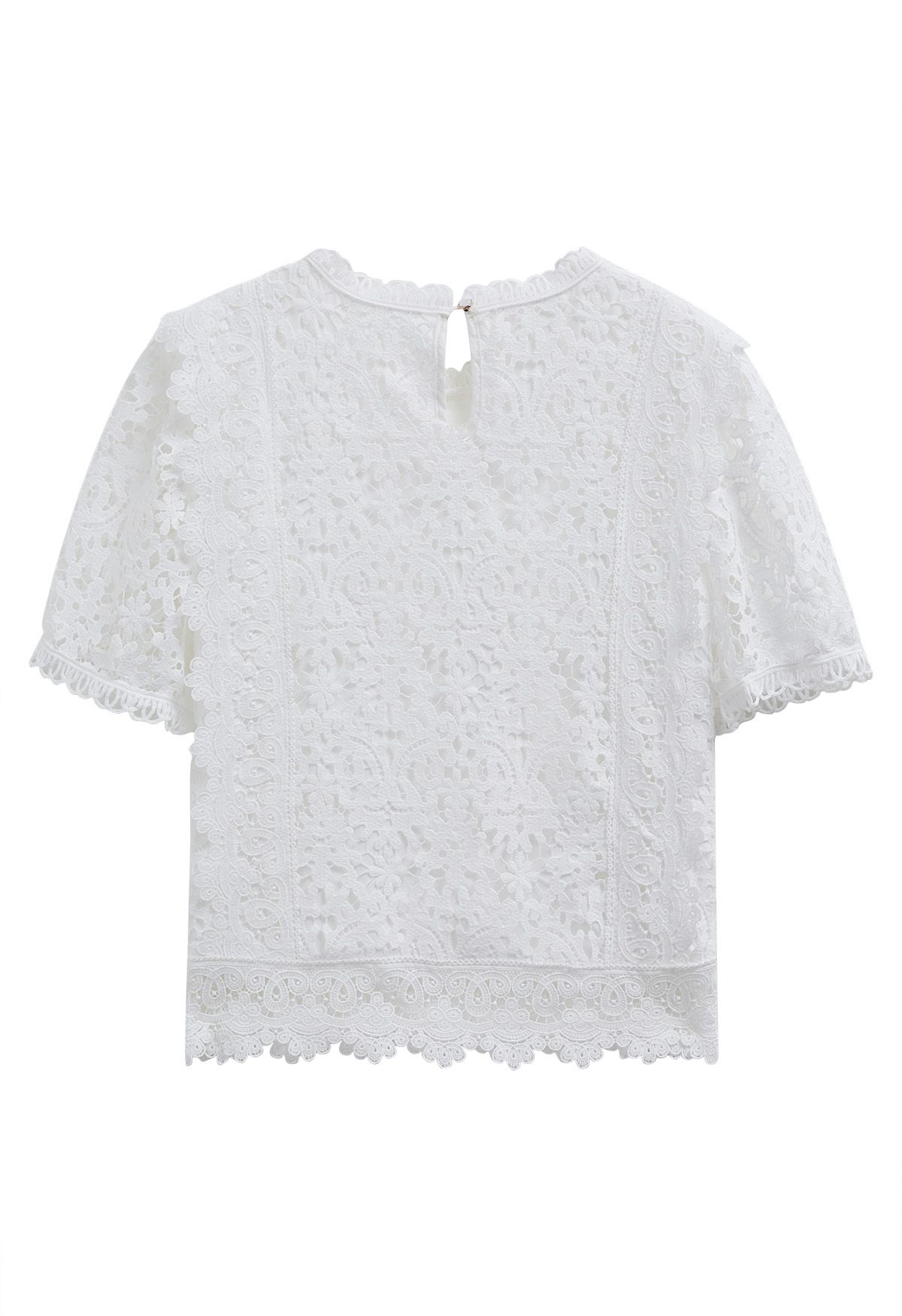 Floral Guipure Lace Short Sleeve Top in White