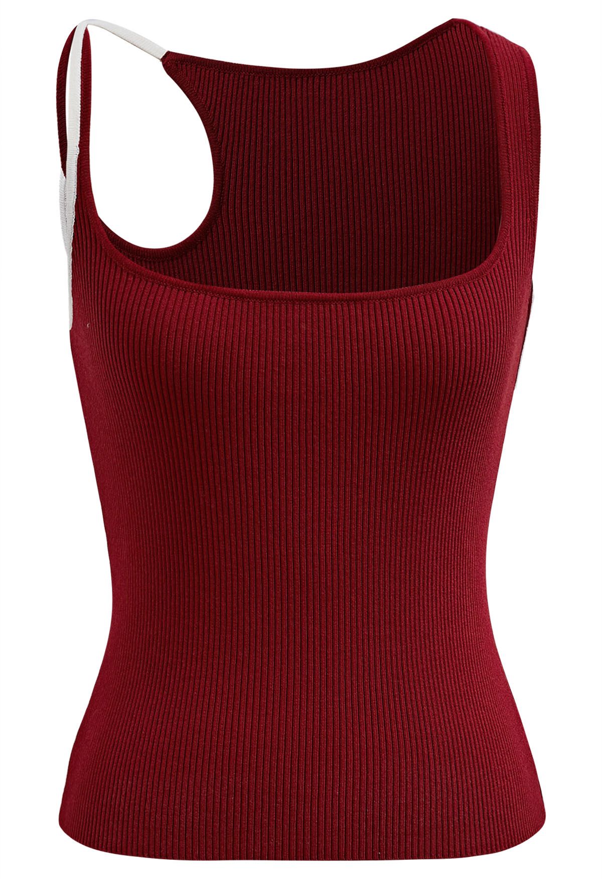 Contrast Asymmetric Straps Ribbed Knit Tank Top in Red