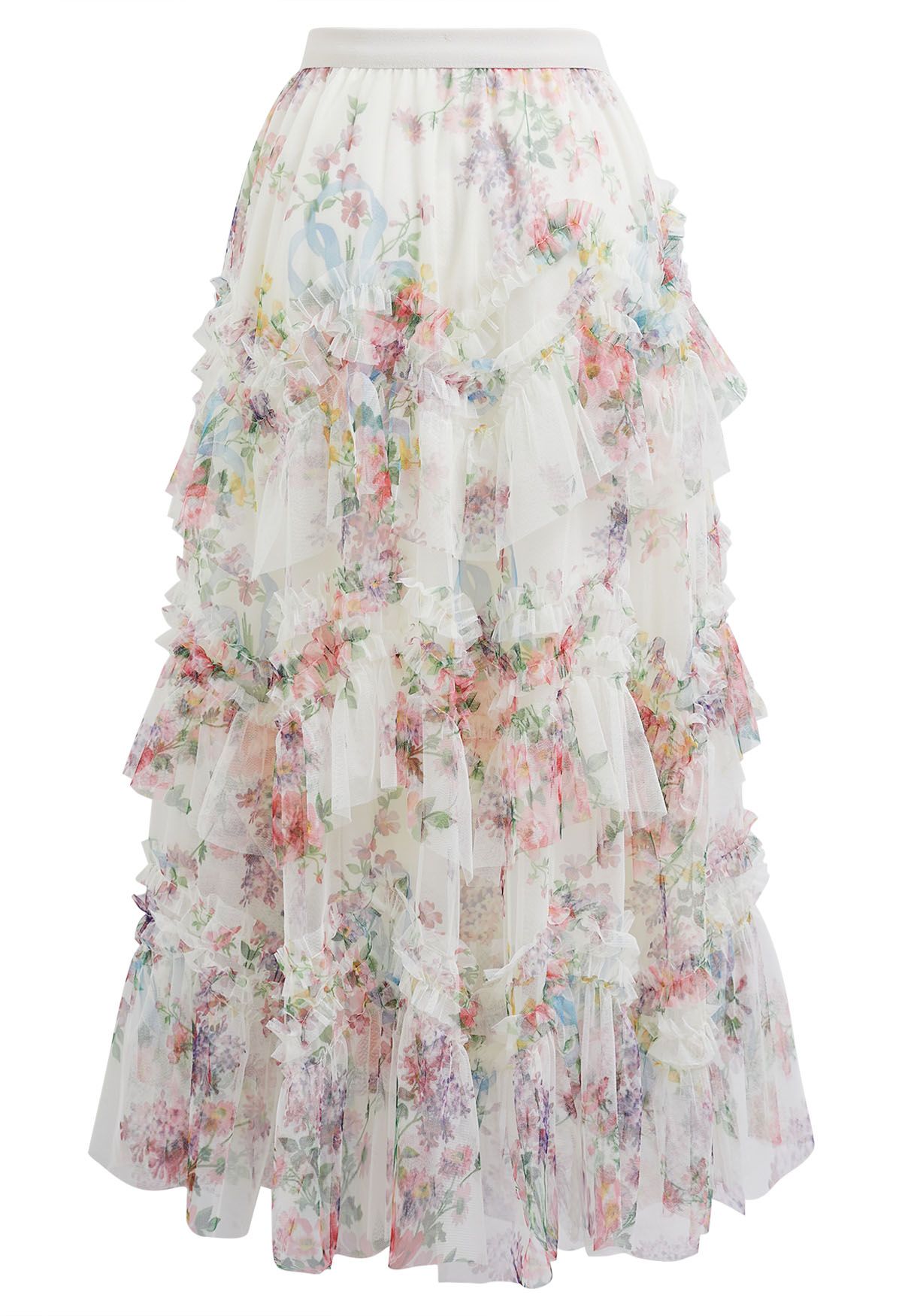 Fairy Dream Floral Ruffle Mesh Midi Skirt in White