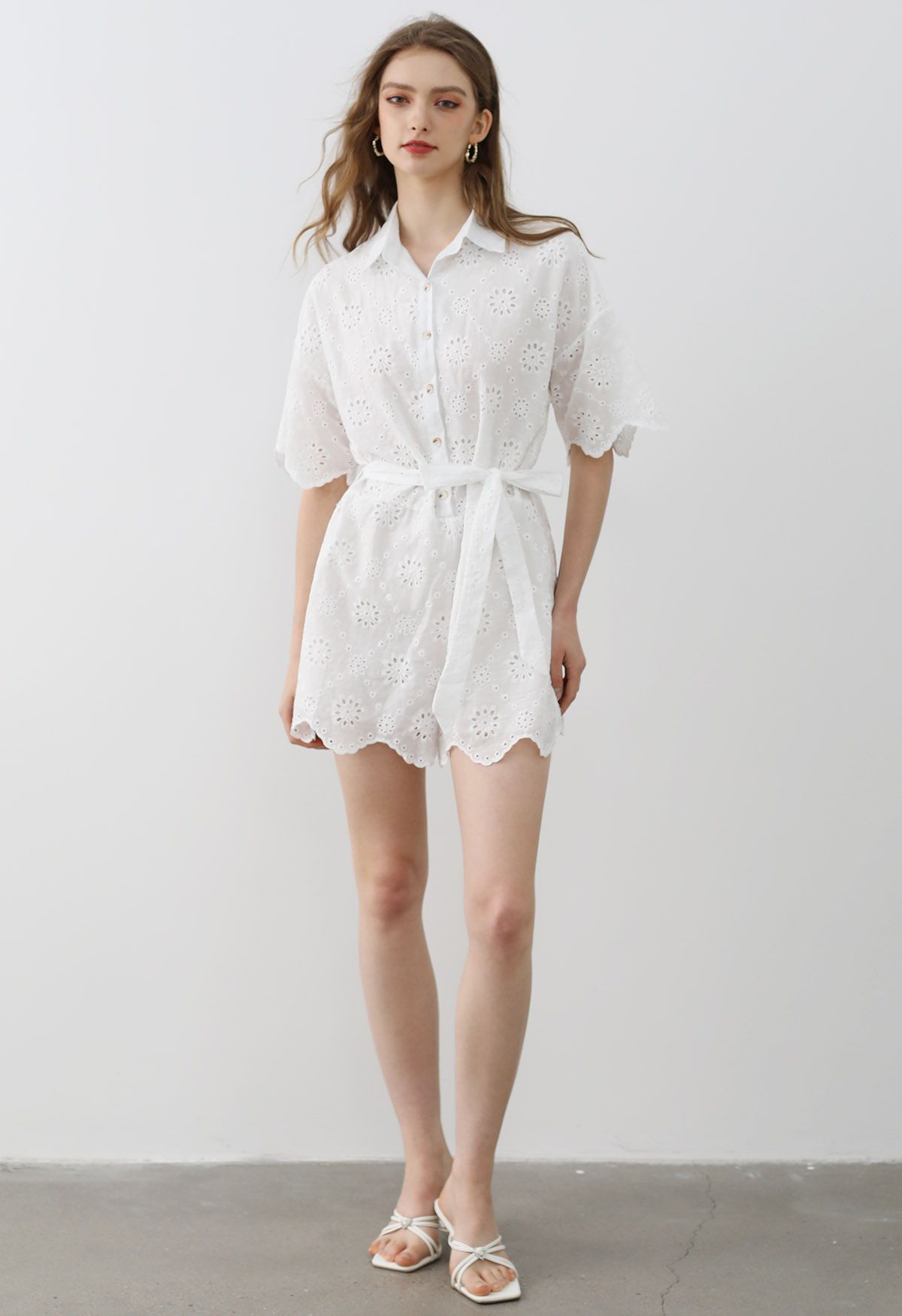 Floral Eyelet Embroidery Scalloped Edge Playsuit