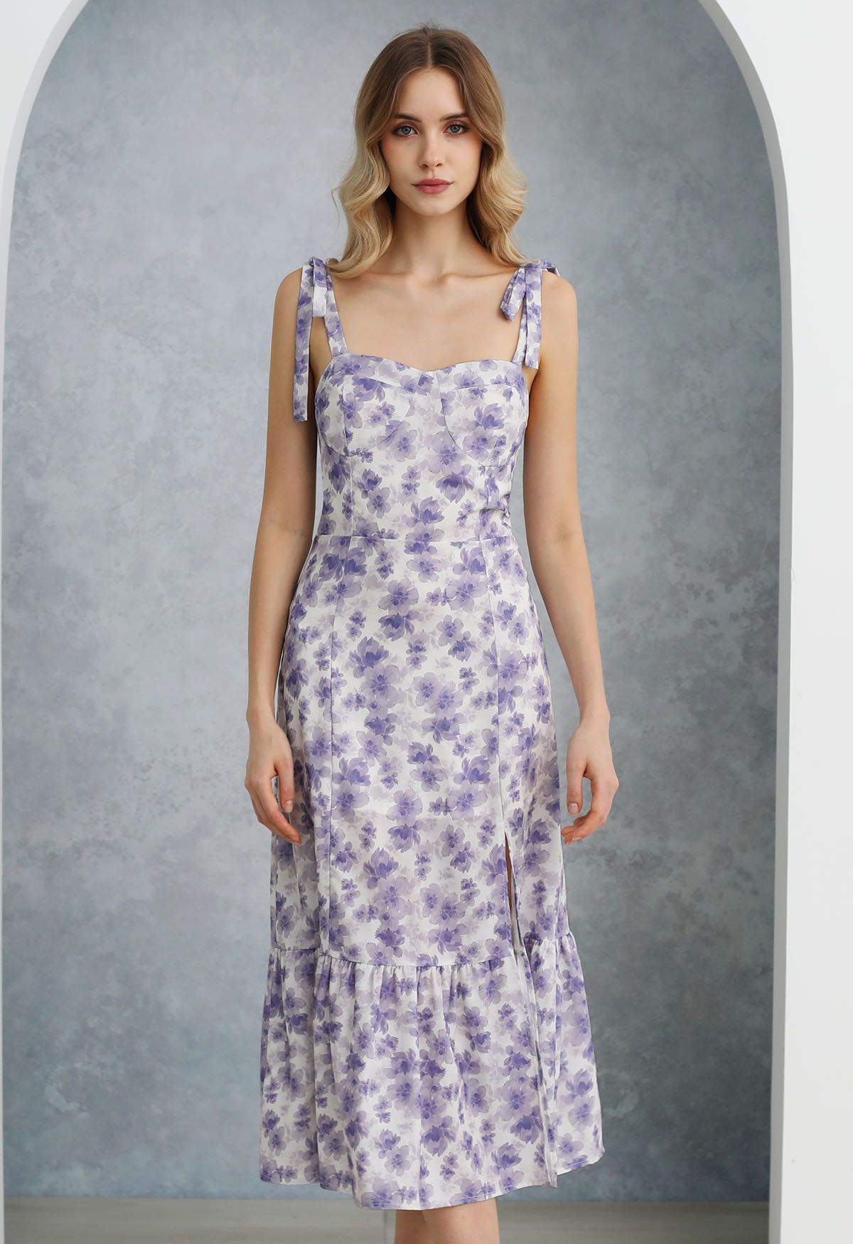 Floral Tie-Shoulder Split Midi Dress in Purple