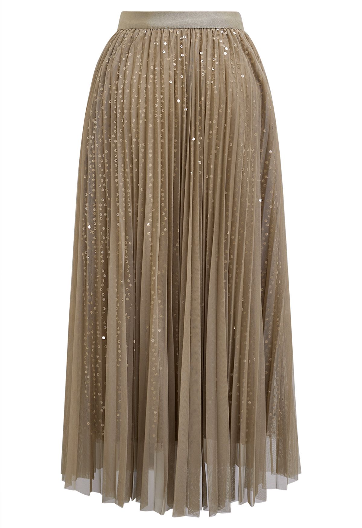 Glister Sequin Trim Mesh Tulle Maxi Skirt in Tan