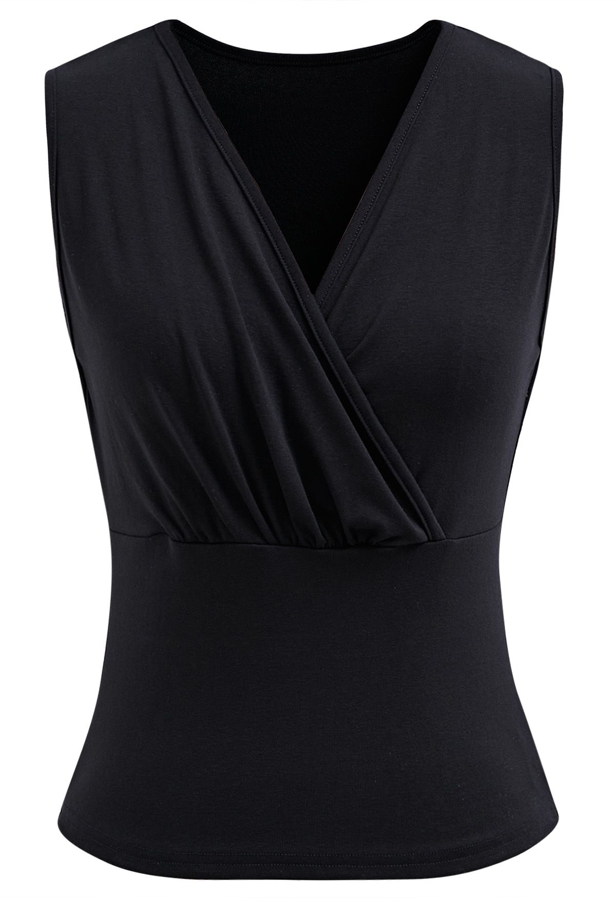 Faux-Wrap Sleeveless Cotton Top in Black