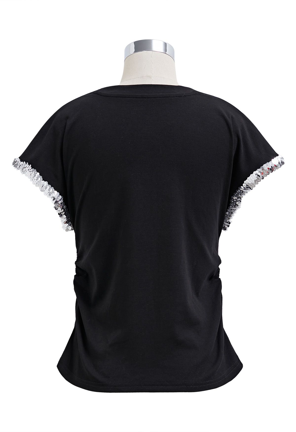 Sequined Cuff Ruched Side T-Shirt in Black