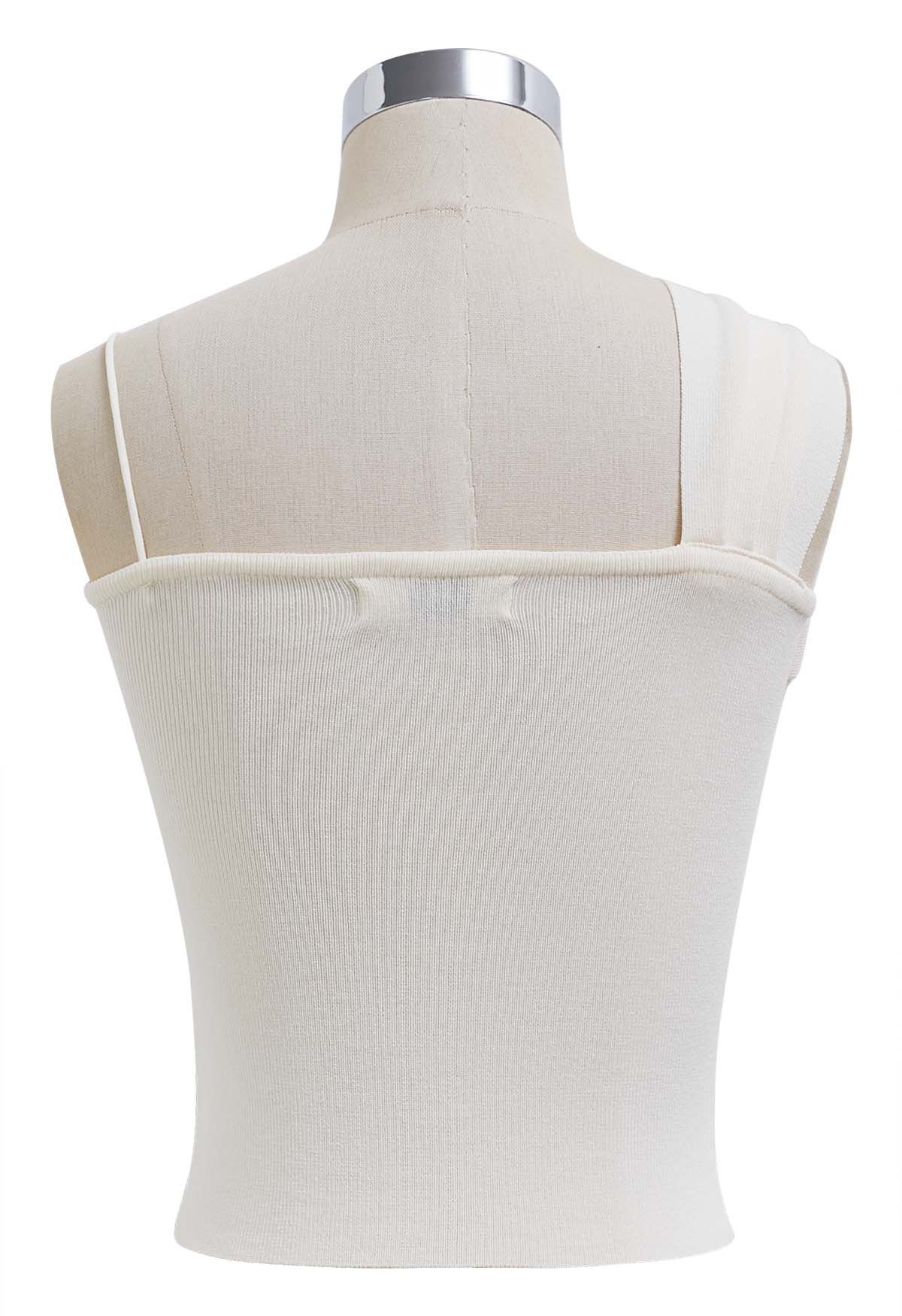 Knotted Front Asymmetric Straps Crop Knit Top in Cream