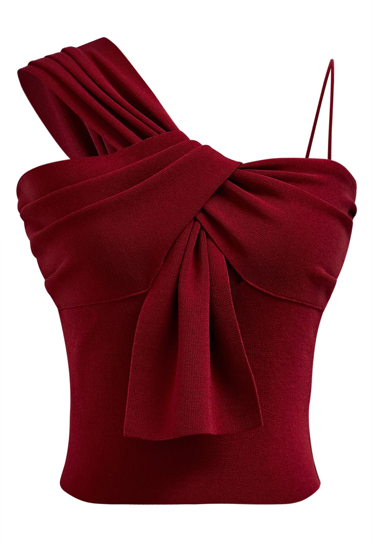 Knotted Front Asymmetric Straps Crop Knit Top in Red