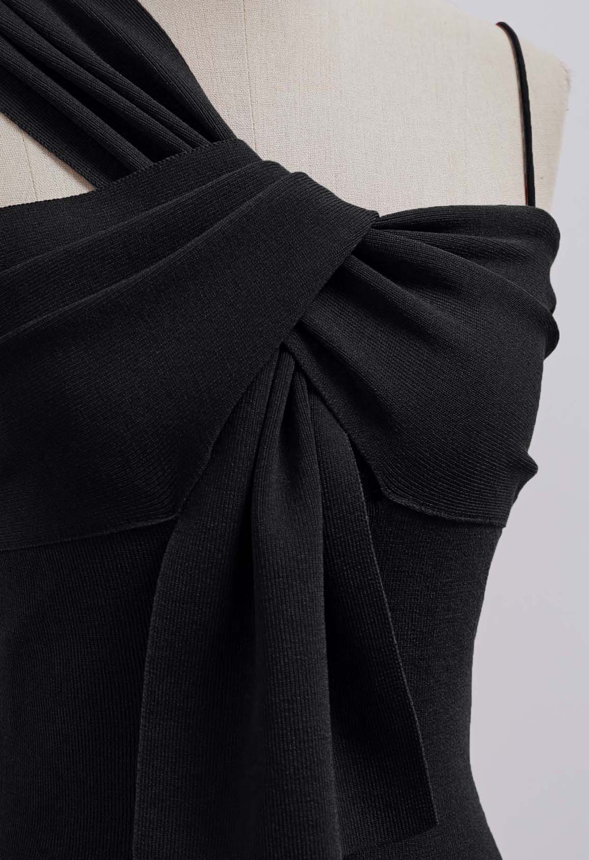 Knotted Front Asymmetric Straps Crop Knit Top in Black