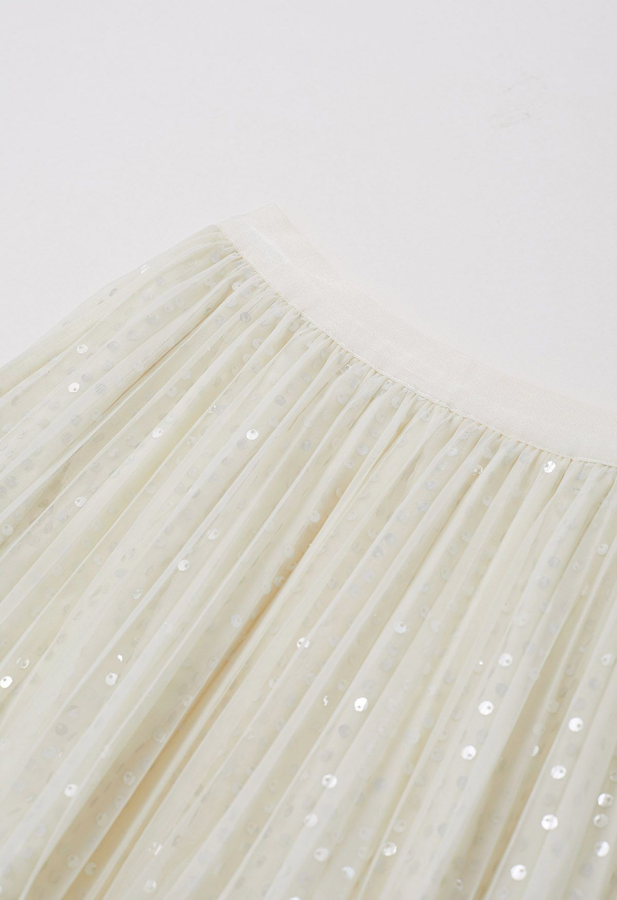 Glister Sequin Trim Mesh Tulle Maxi Skirt in Cream